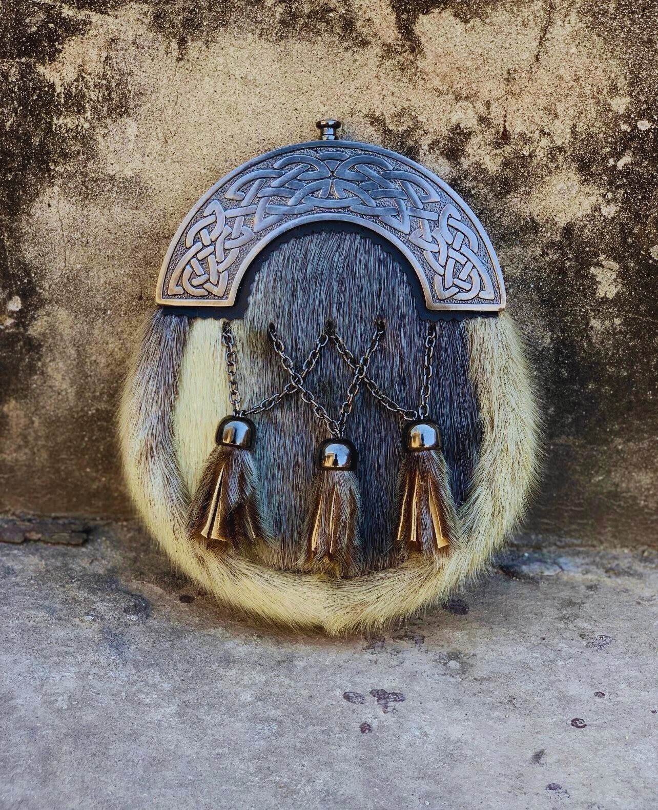 Handcrafted Black Fur Scottish Sporran with Thistle Cantle & Three Tassels