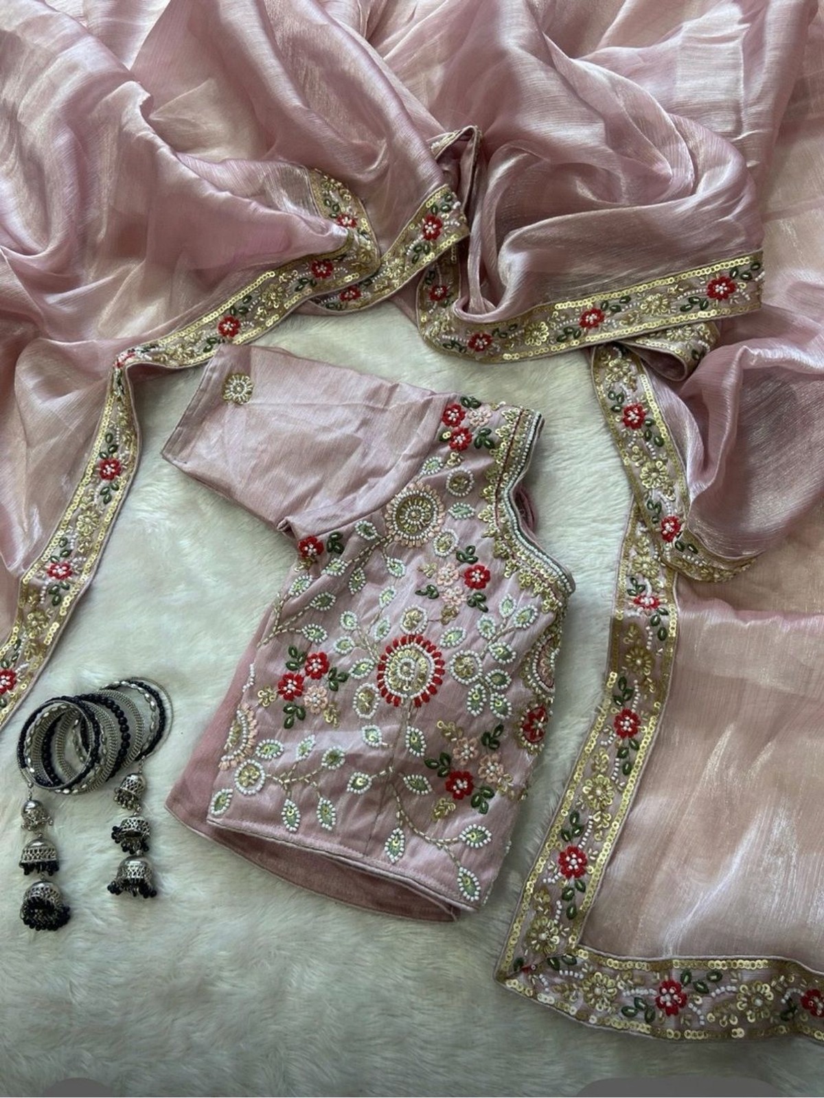 Embroidered Saree Set Indian Partywear Elegant Beeds blouse Size-36”& Petticoat.
