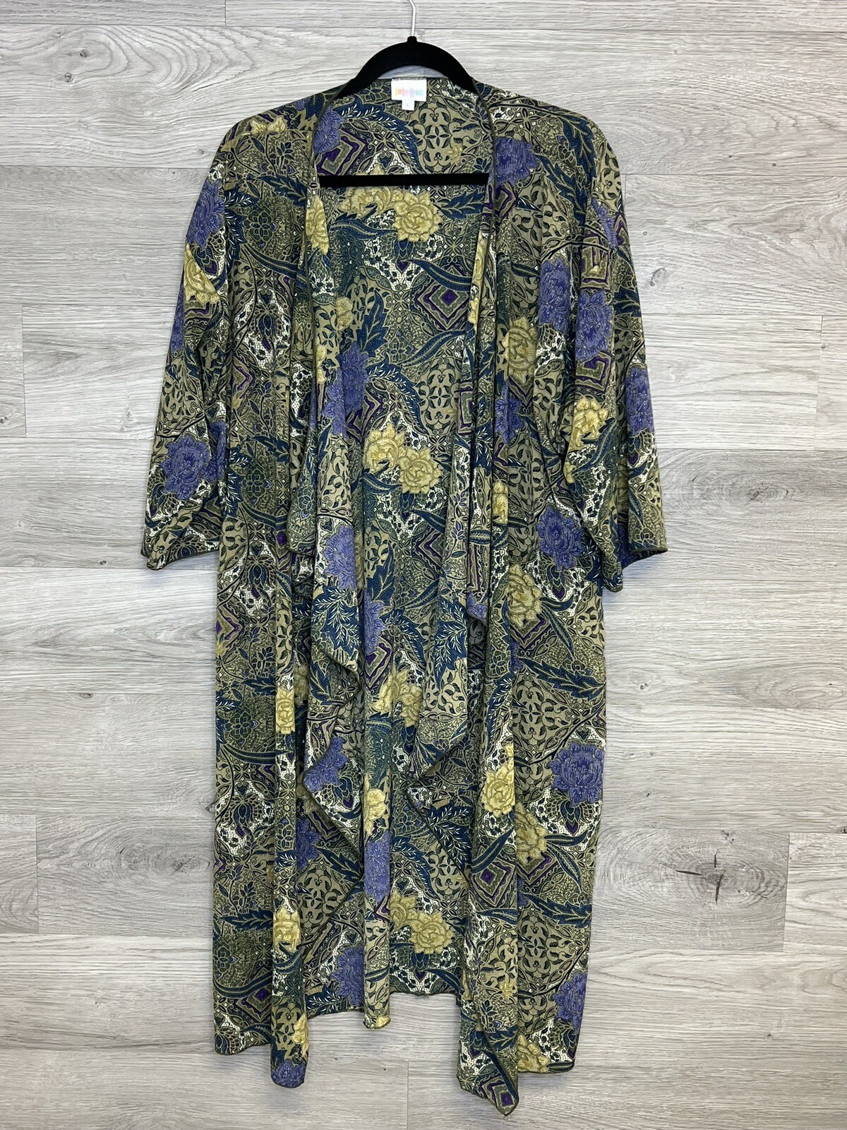 Lularoe Floral Kimono Open Front Waterfall Flowy 3/4 Sleeve Green Blue Sz Large
