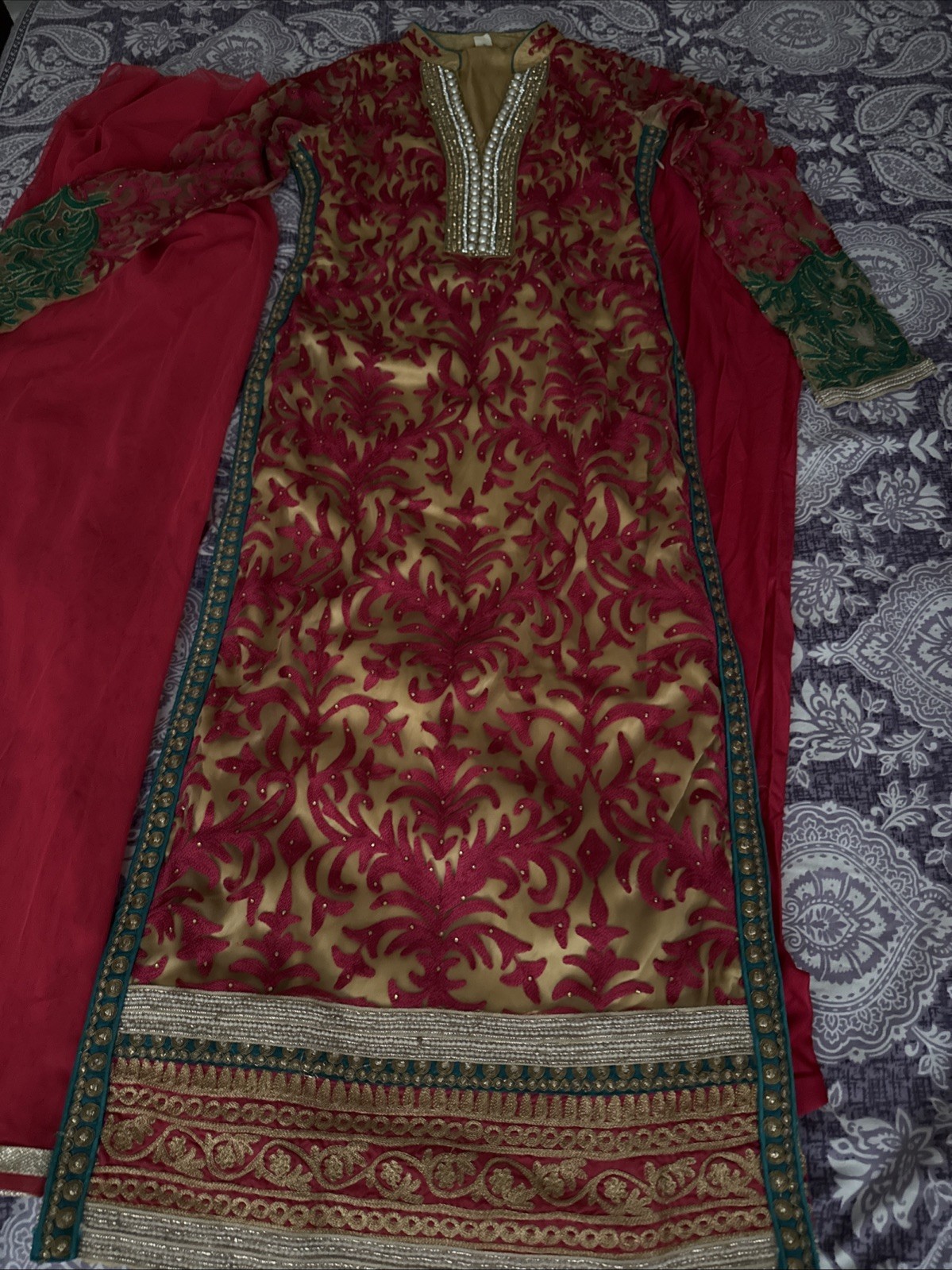 Women’s Nude, Pink, And Green Long Pakistani Style Suit With Gold Embroidery