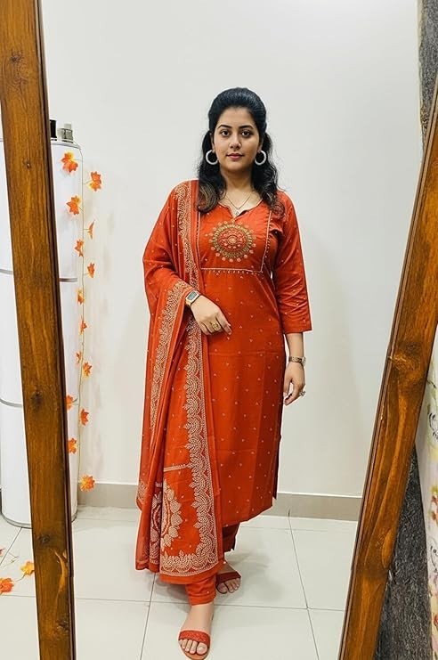 Women’s Rayon Viscose Straight Embroidered Kurta with Pant & Dupatta