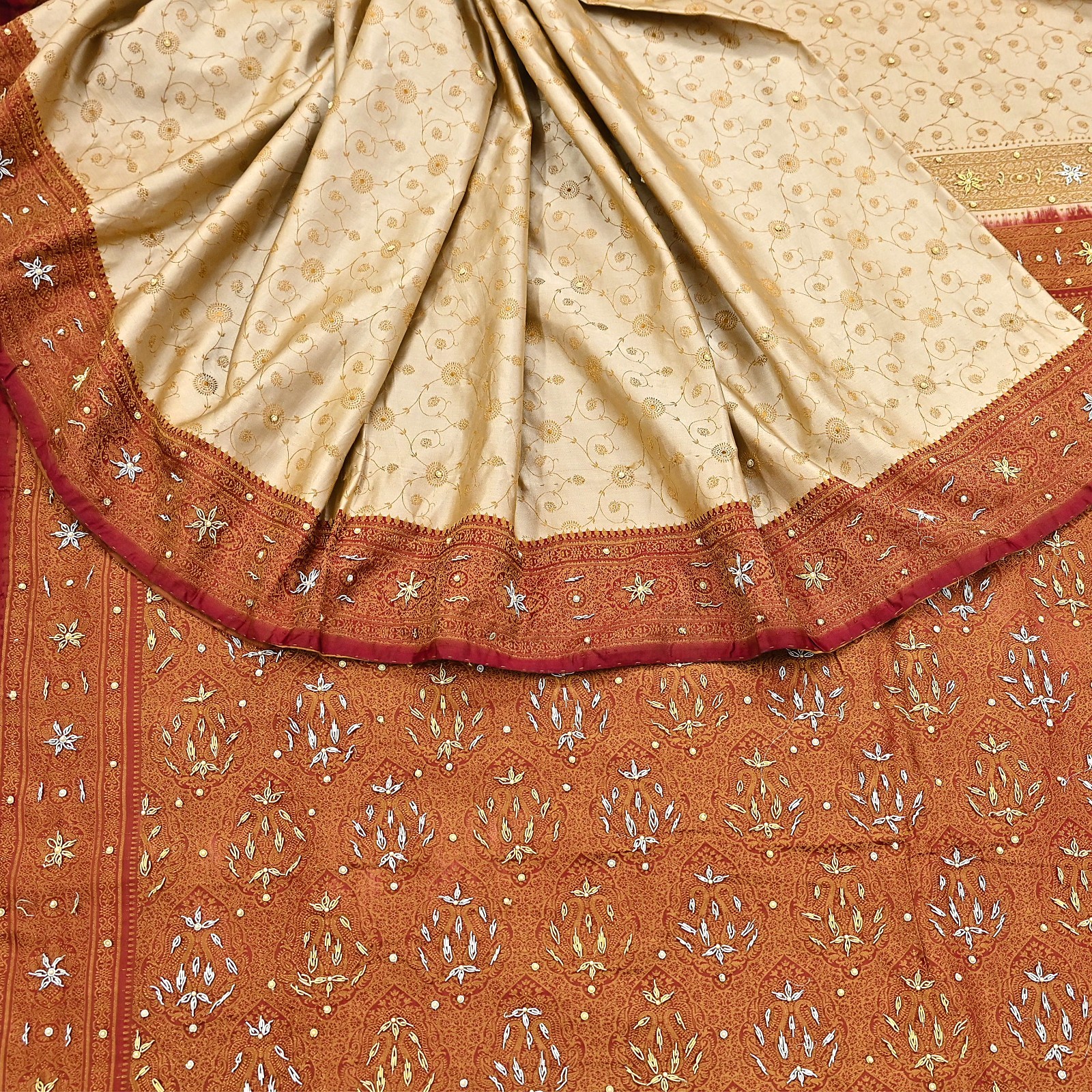 Indian Vintage Beige & Maroon Heavy Saree Pure Satin Silk Hand Embroidered 5yd