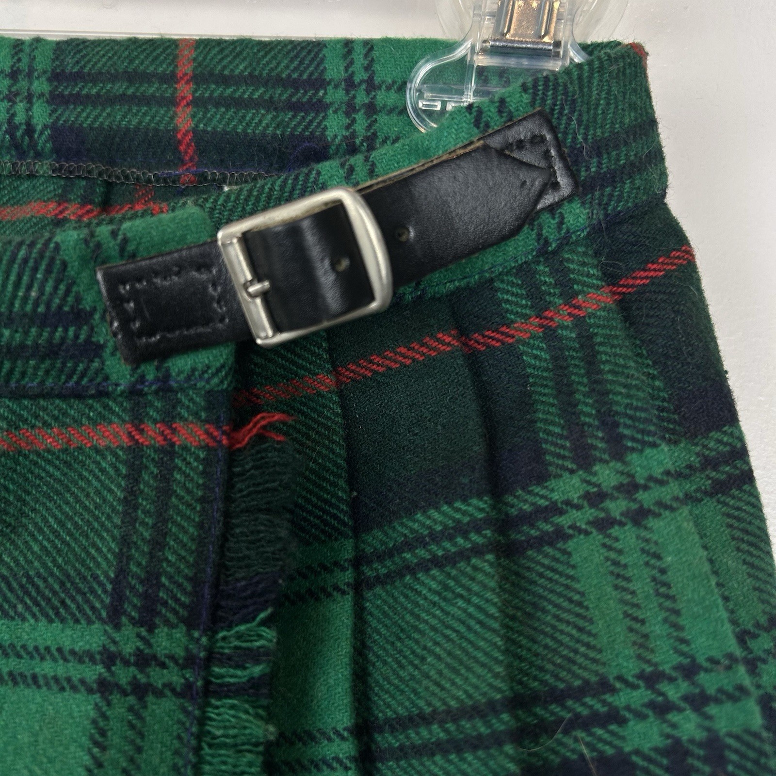 Vintage Kilt Scottish Tartan Sz 30 Green Pleated Leather Buckles Waist 24″
