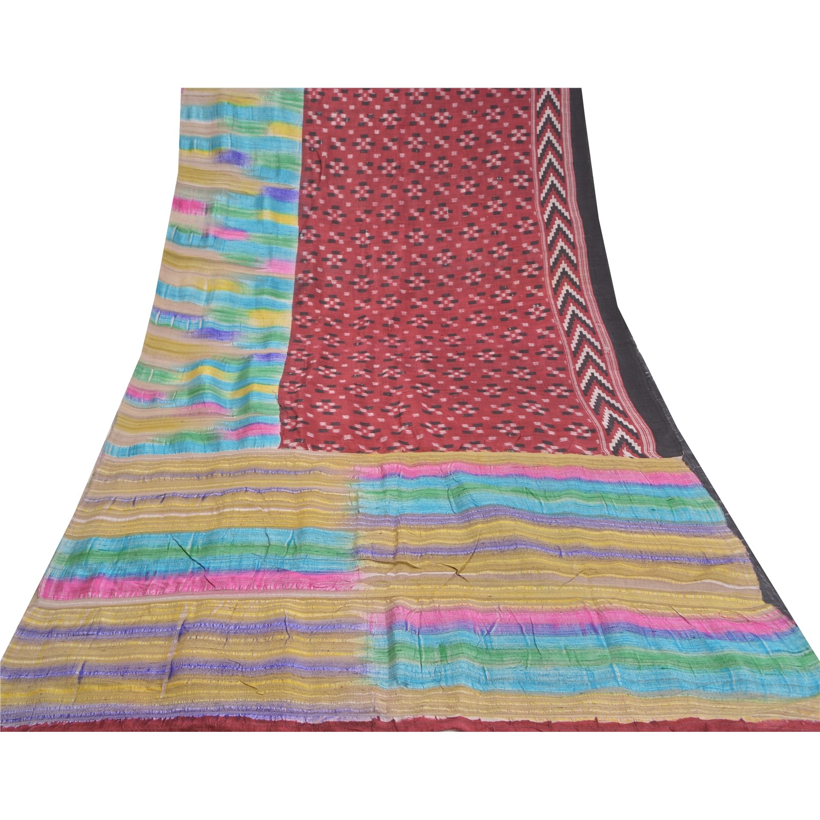 Sanskriti Vintage Indian Sarees Pure Tussar Silk Woven Ikat Sarees 5 Yard Fabric