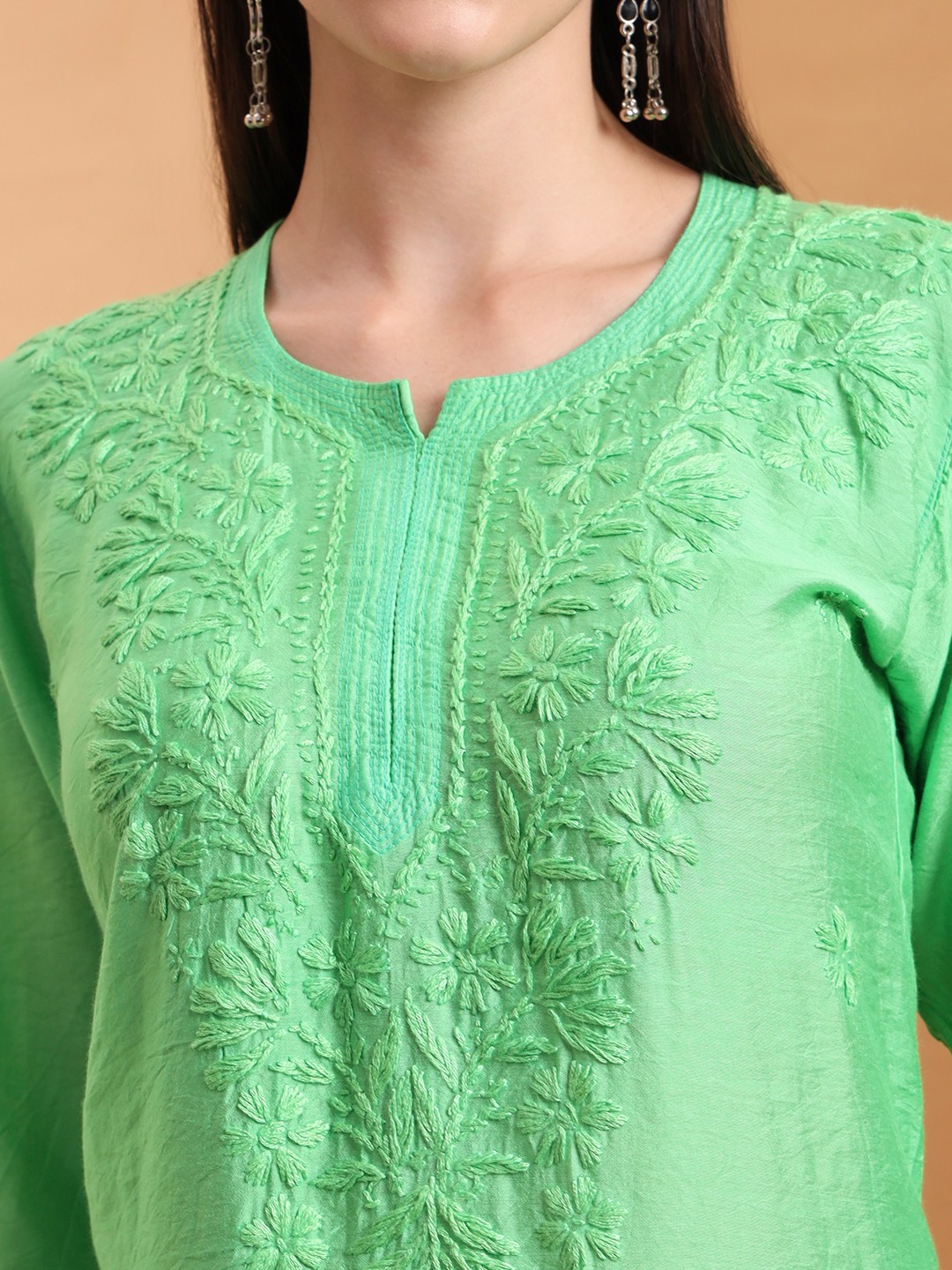 Women Green Chanderi Chikankari Kurta |Embroidered Straight Kurti |Festive Wear