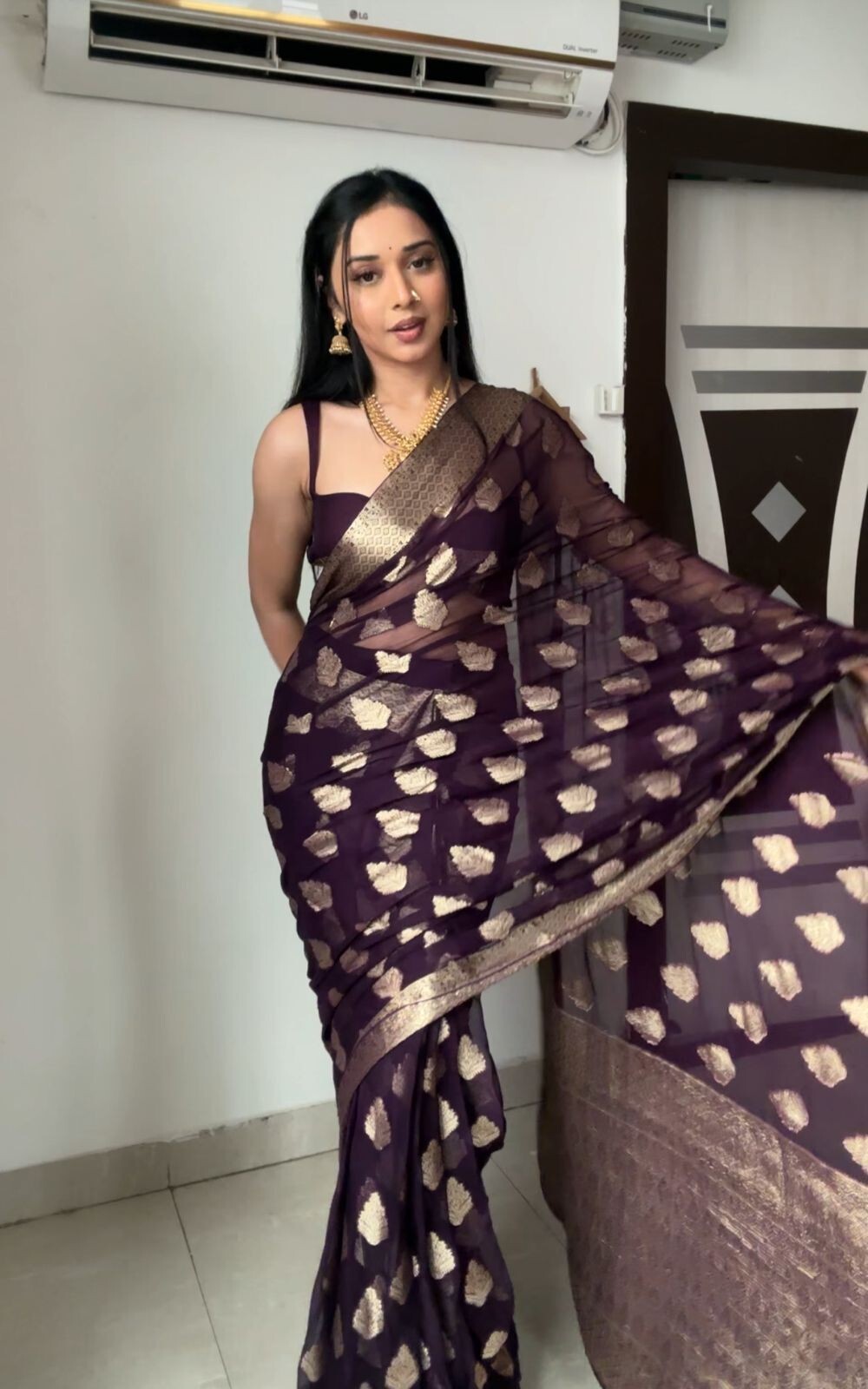 Wine Color Cotton Silk Blend Weaving Work one Minute Ready To Wear Saree Blouse