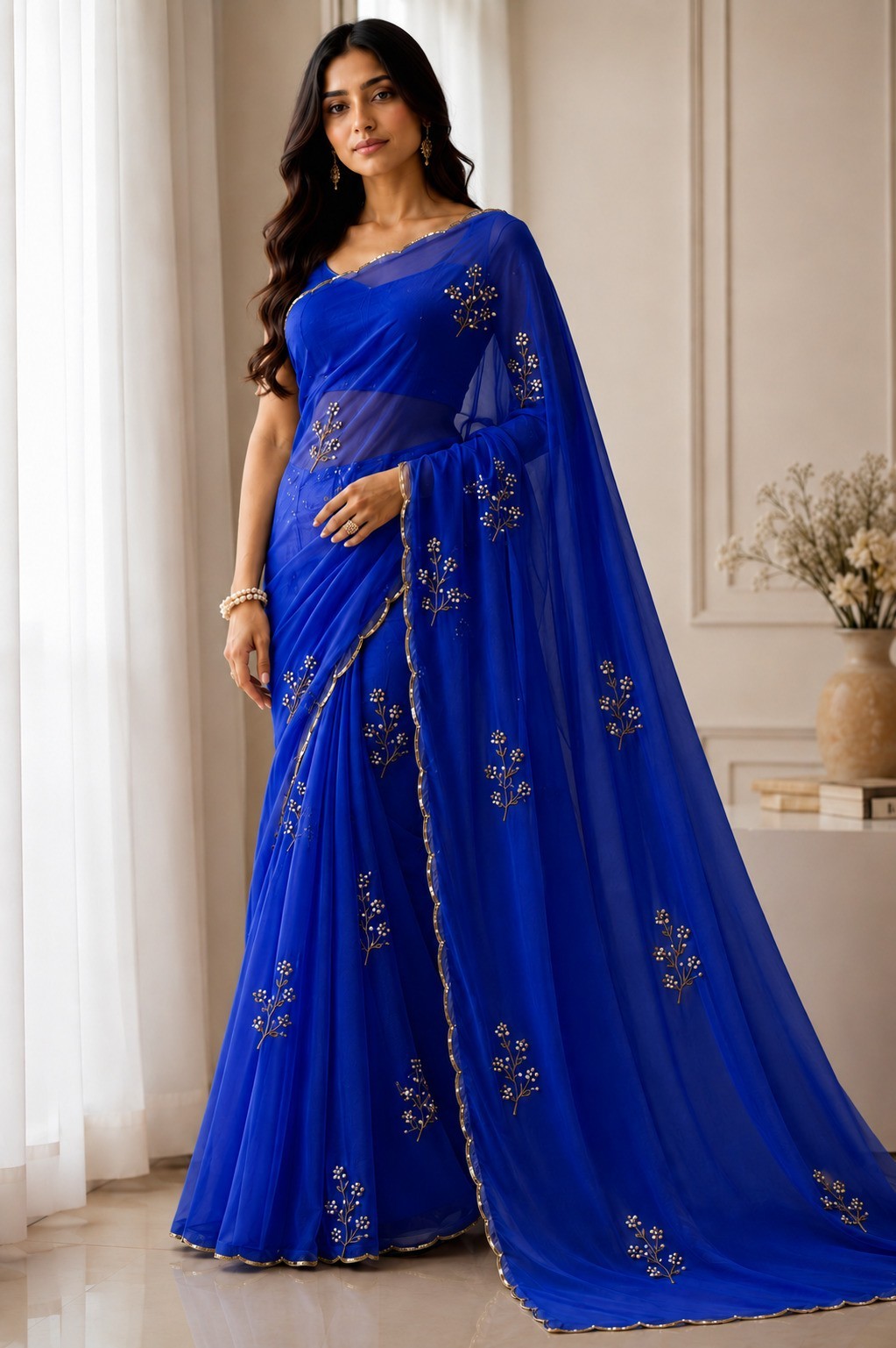 Royal Blue Georgette Saree | Hand Embroidery, Designer Party Wear Indian Sari