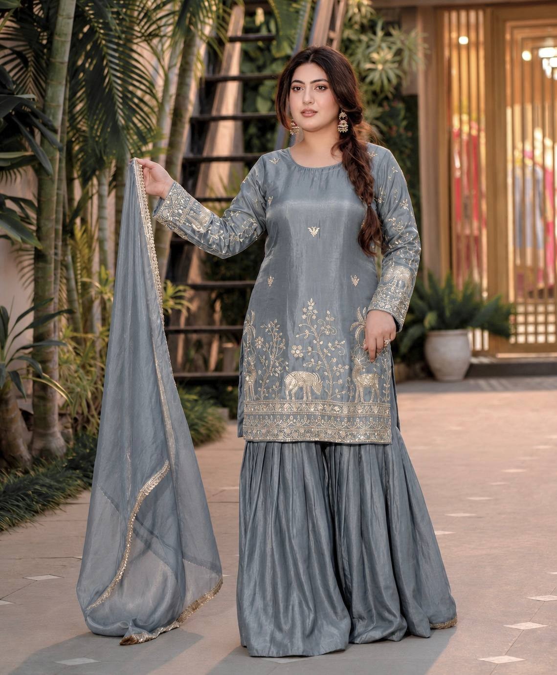New Designer Silk Gray Top Palazzo With Dupatta For Indian Function Wear