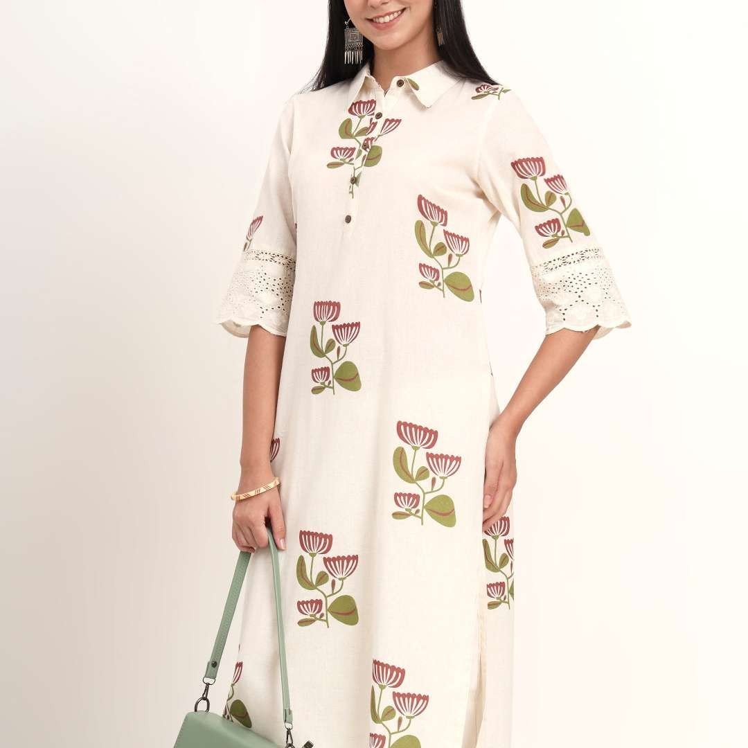 Off White Floral Cotton A-Line Kurta Women Ethnic Tunic Top Indian Wear Oversize