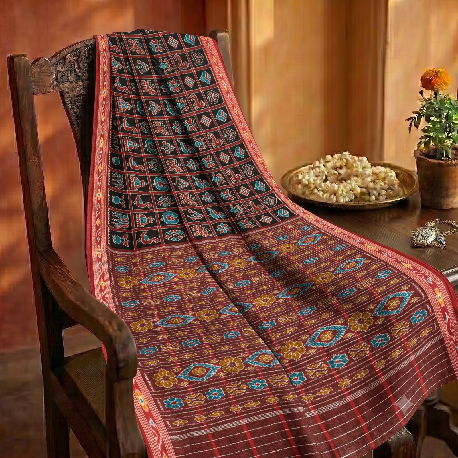 Sanskriti Vintage Saree Black Pure Cotton Sambhalpuri Ikat Print Fabric 5Yd Sari