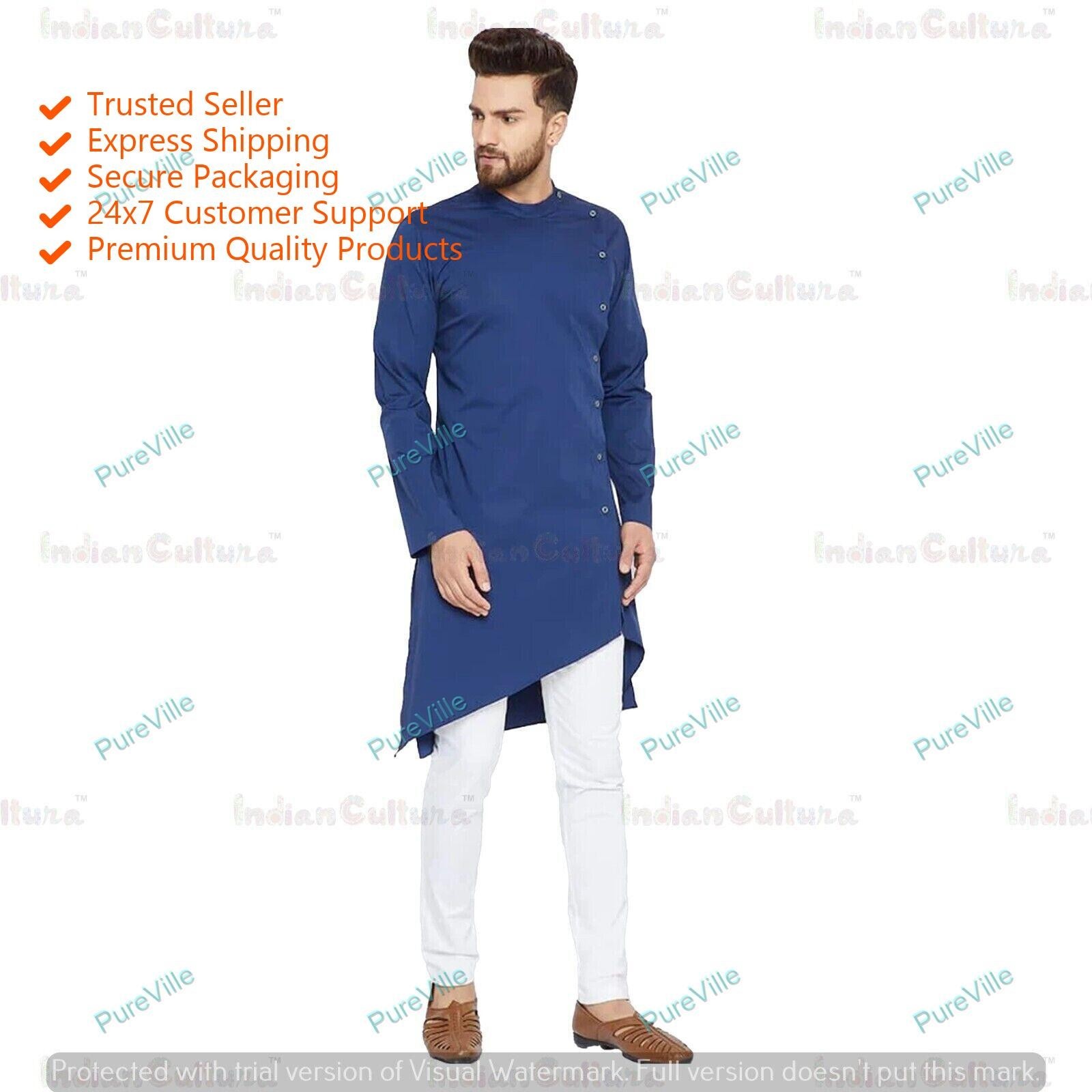 Mens Kurta Shirt Cotton Fabric Indian Dress Mens Tunic Kurta Plain Color Blue