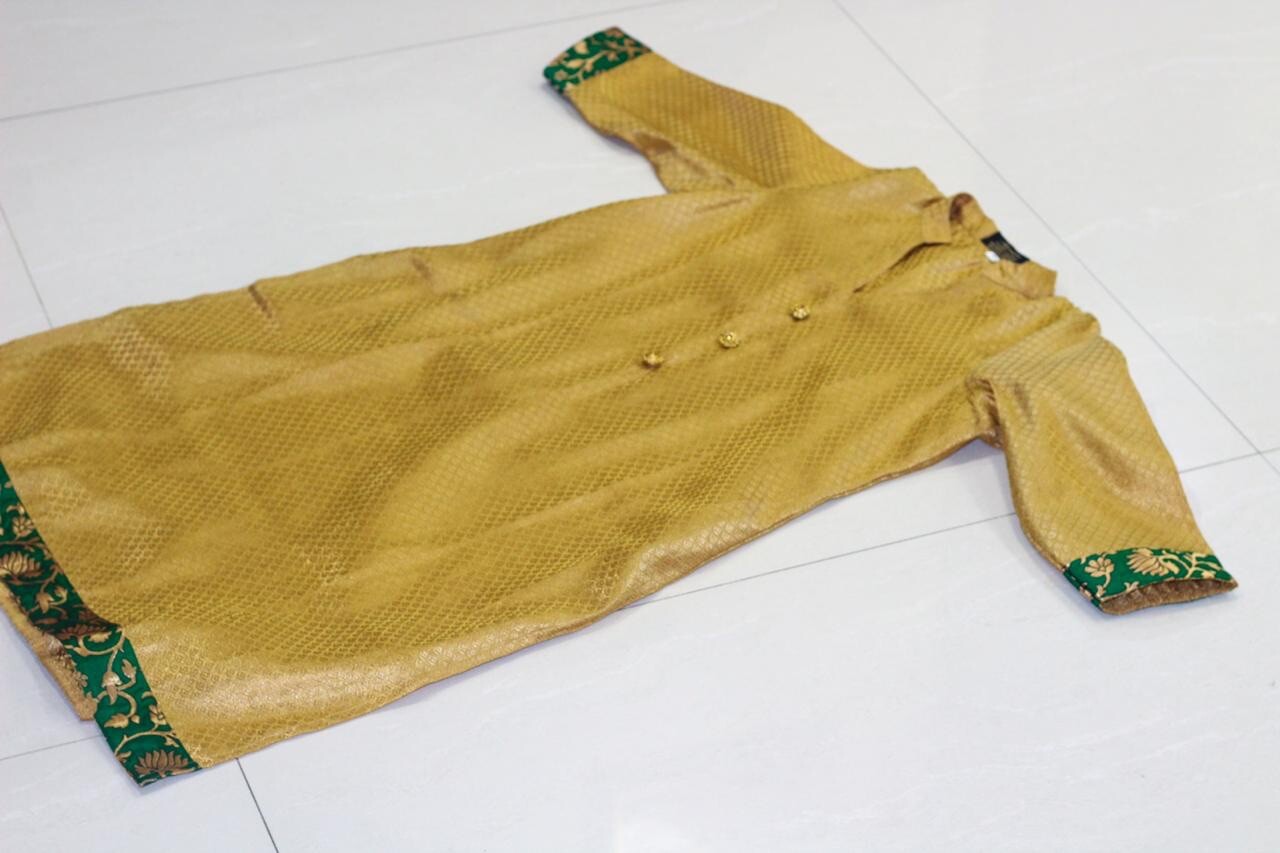 Indian Pakistani Gold Suit with Silk Jamawar Green Pants – Size 46/2XL