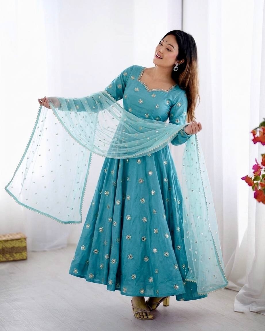 New Presenting Vichitra Silk Sky Blue Gown Bottom With Dupatta For Party Wear