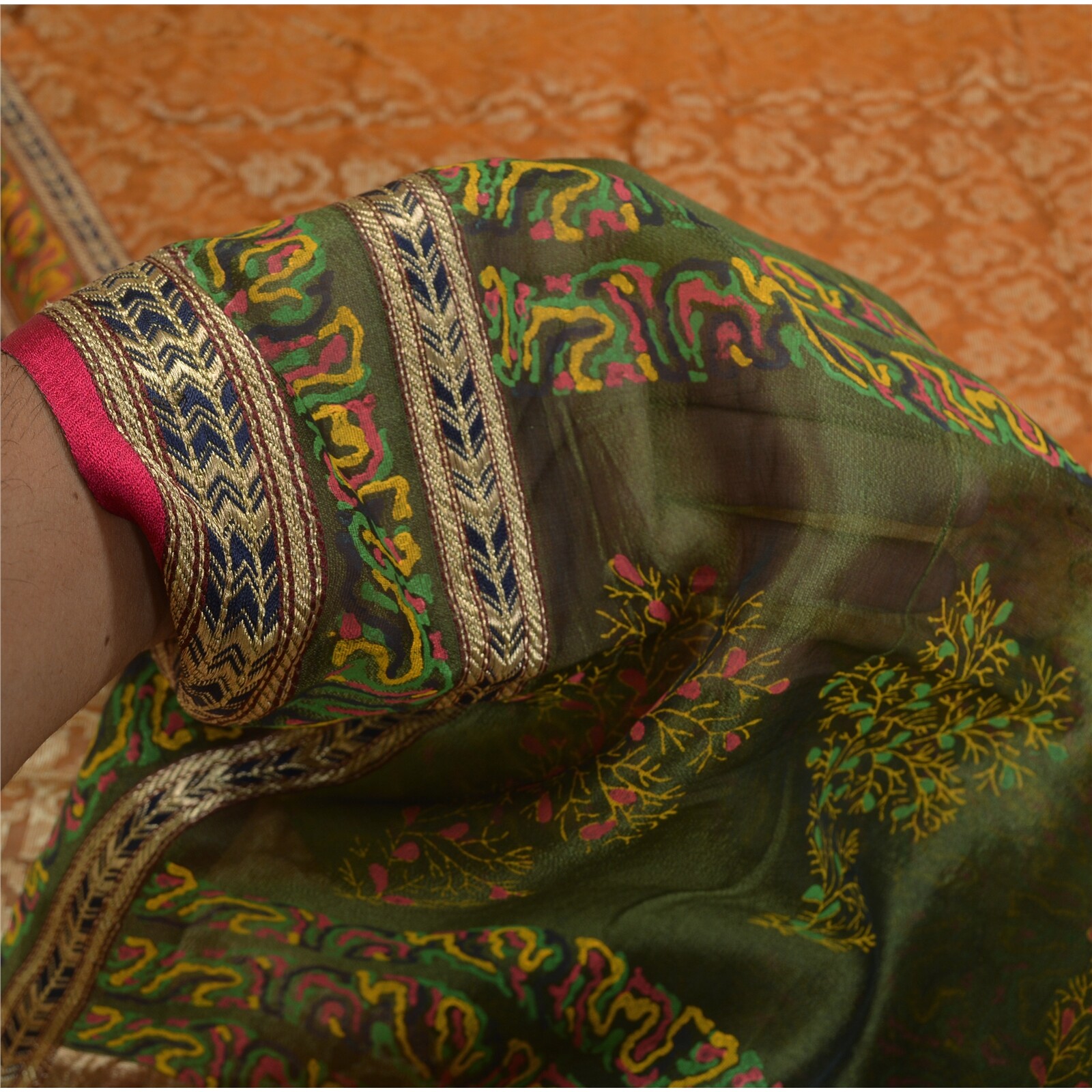 Sanskriti Vintage Orange/Green Sarees Pure Silk Woven Brocade Zari Sari Fabric