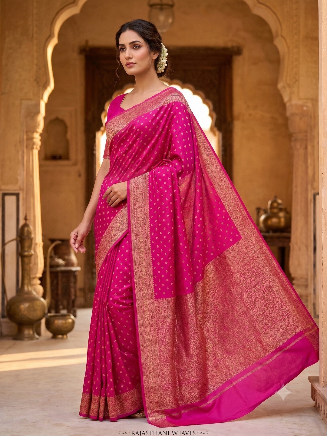 Dark Pink Silk Blend Golden Zari Border Woven Design Saree