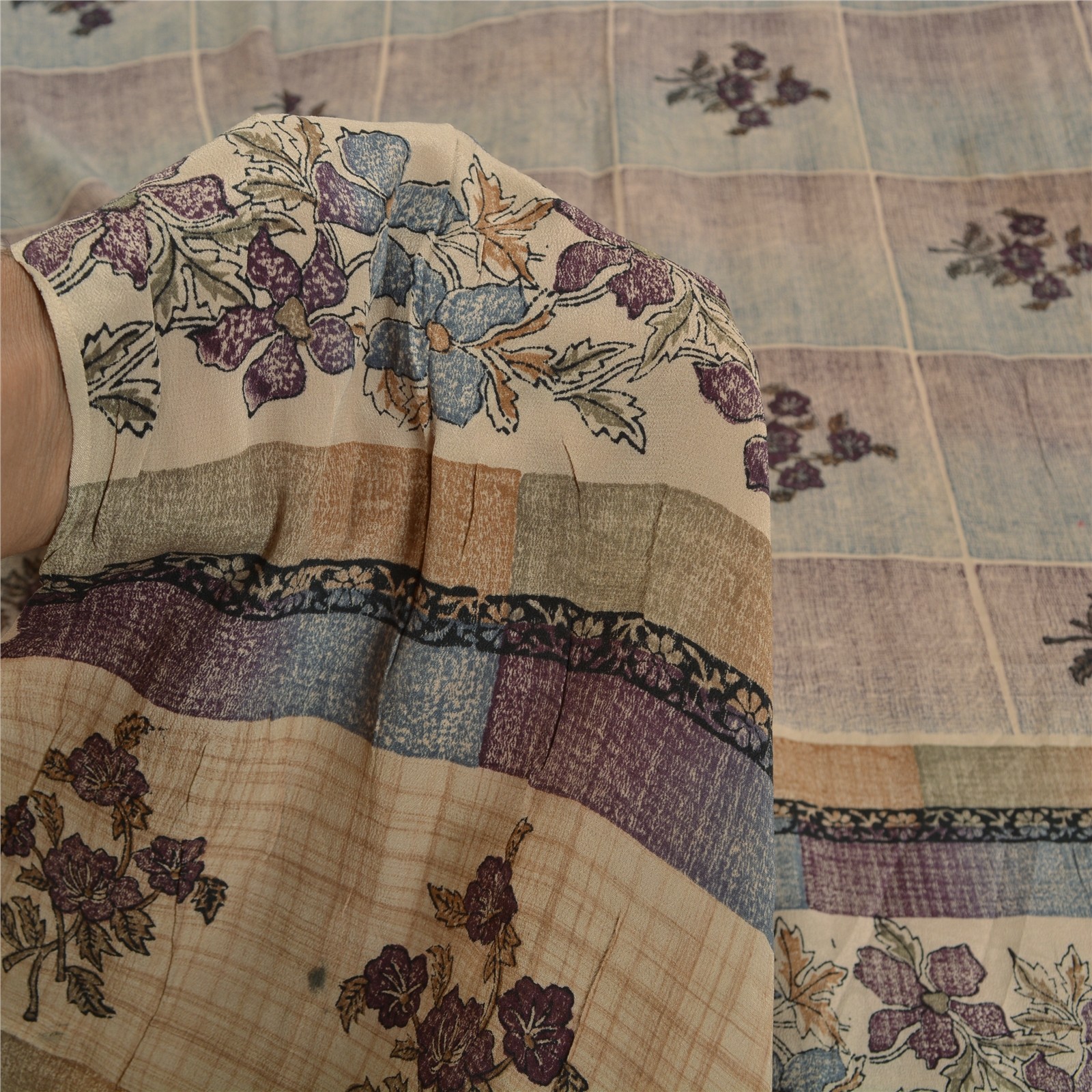Sanskriti Vintage Sarees Pale-Cream Pure Crepe Silk Printed Sari Craft Fabric