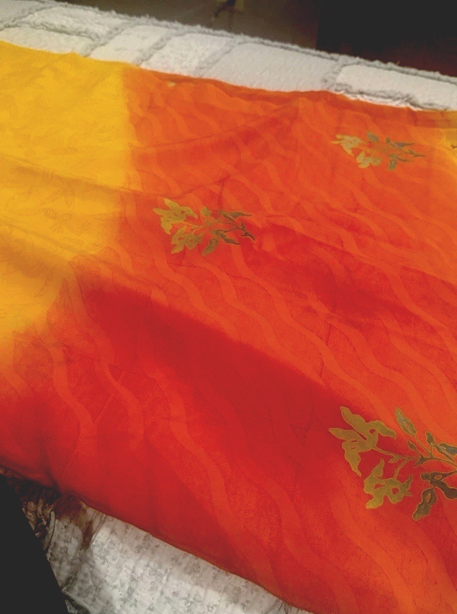 Very pretty Pure Crepe Silk Saree With Orange And Yellow Color And Small Border
