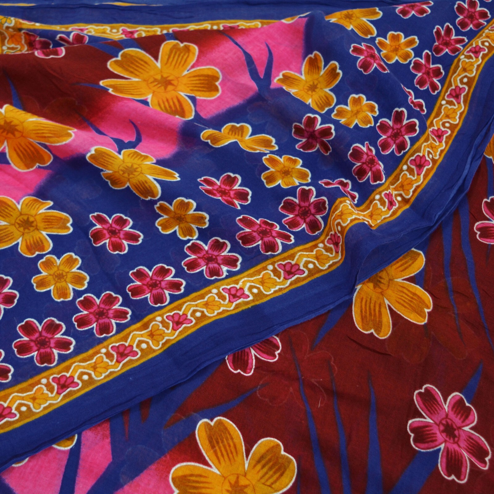 Indian Vintage Sari Maroon & Blue Printed Sarees Pure Cotton Craft Fabric Soft