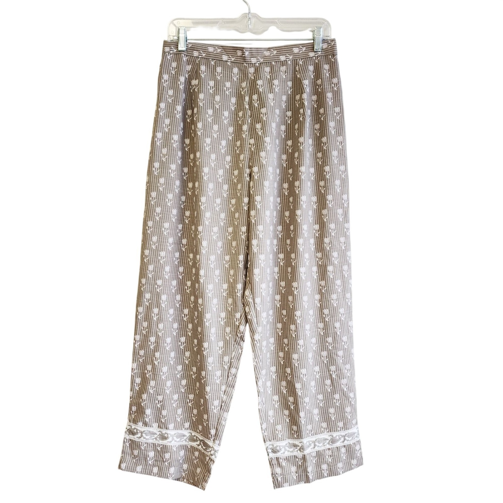 Floral Beige White Kurta Pant Set Lace Trim Details Size Ethnic Lightweight