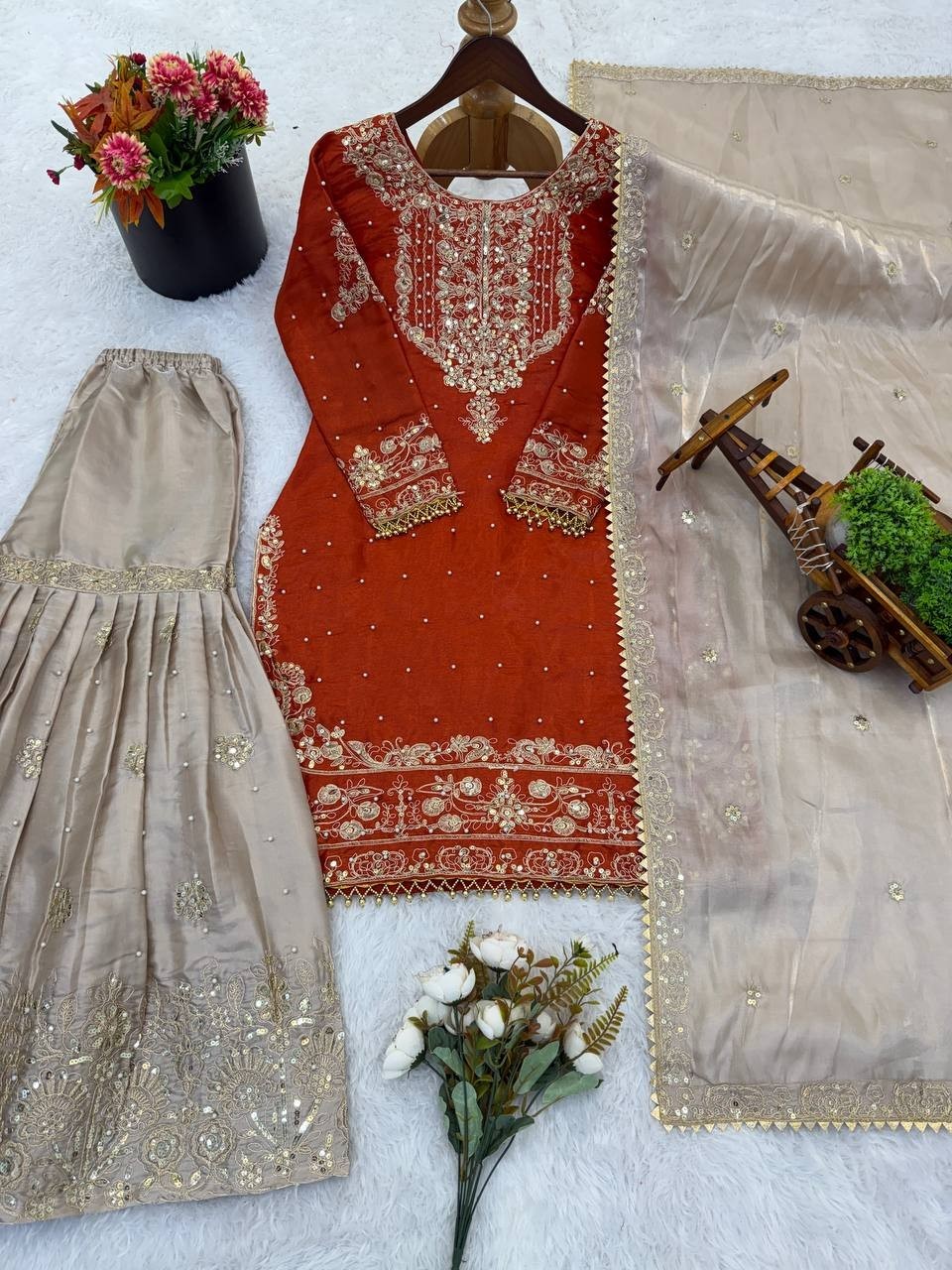 Fancy Rust Orange Jimmy Choo Silk Sharara Set With Gold Embroidered Work Dupatta