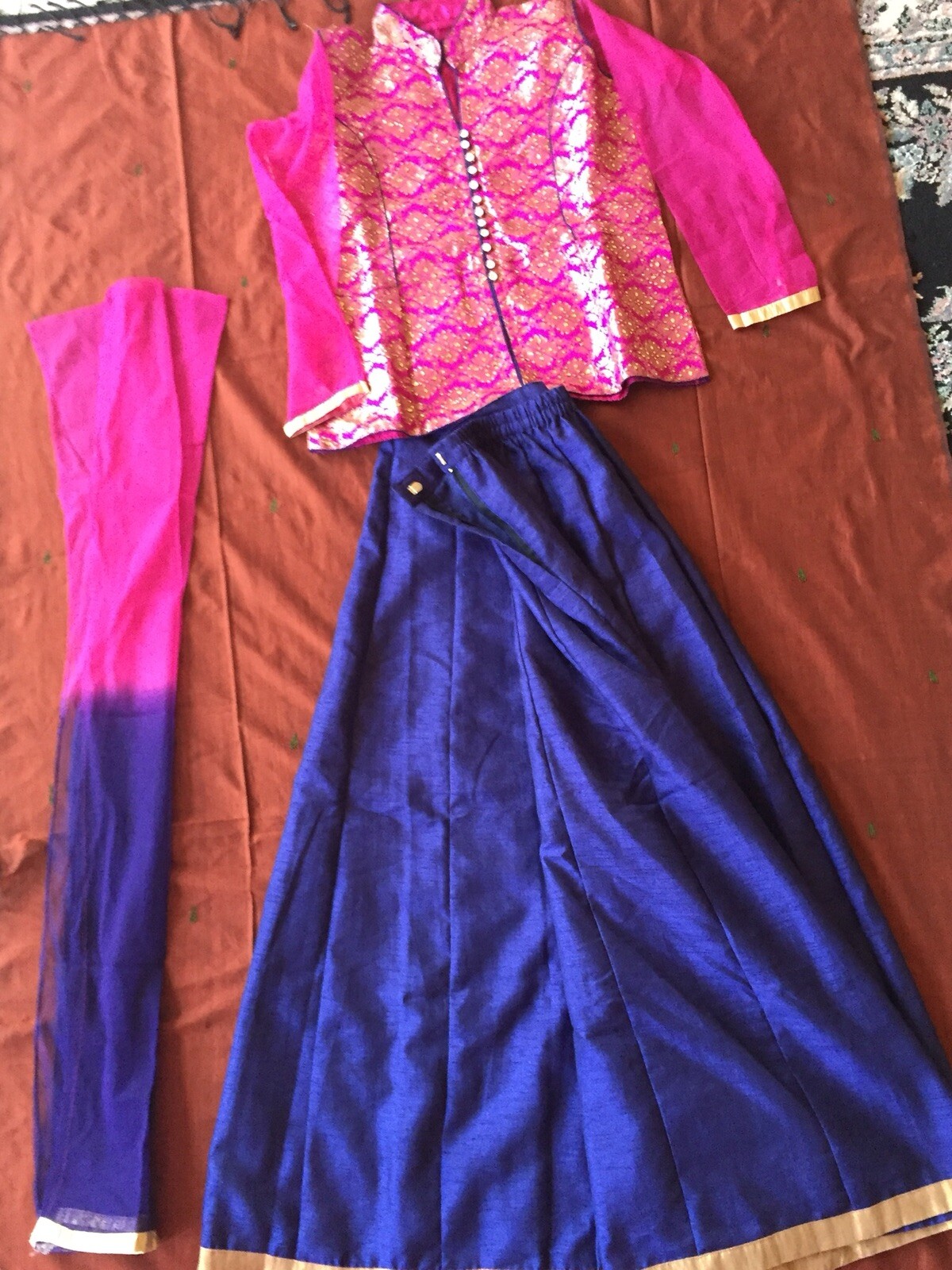 Pink/Gold/Blue Designer silk lehenga 3 piece set with embroidery and sequins