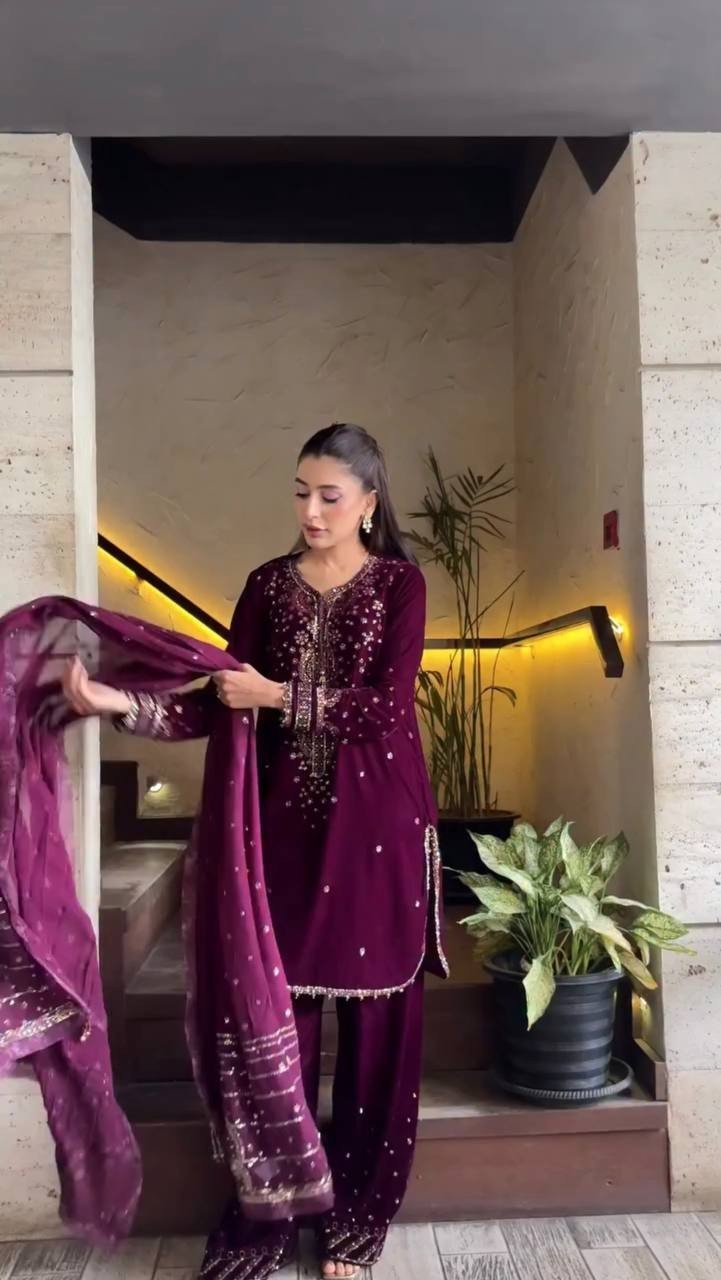 Bollywood Style Roman Glass Wine Salwar Kameez With Dupatta For Indian Festival