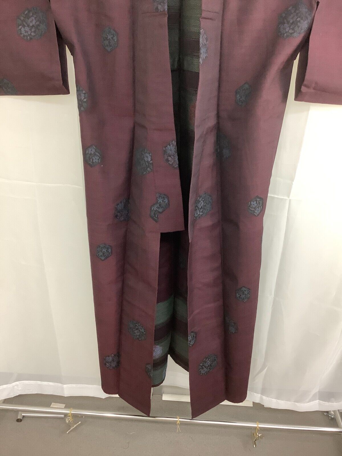 Japanese Vintage Kimono Silk Fabric Wine Red Oshima Expensive Flower 151cm