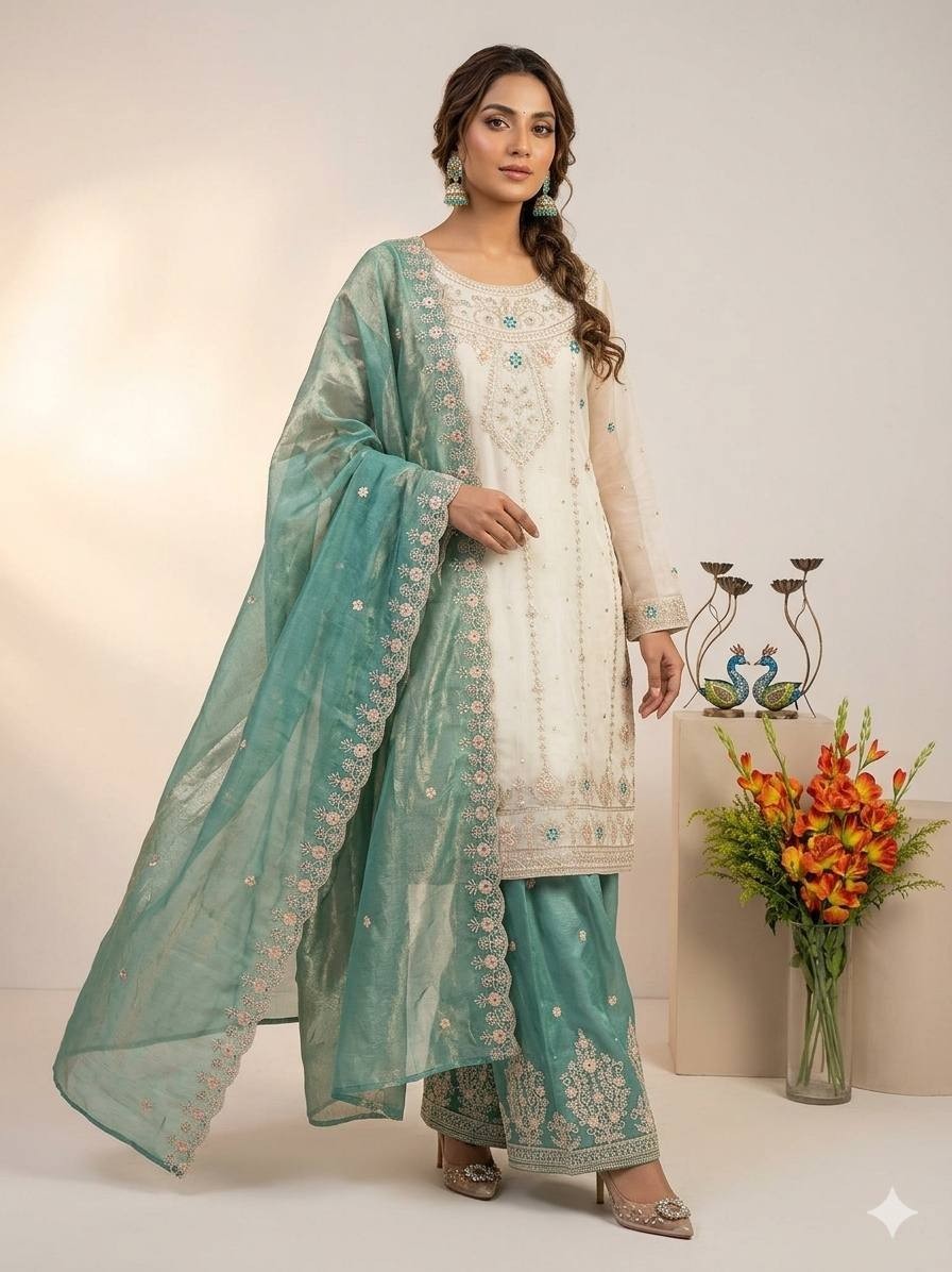 Premium Designer Silk Kurta Palazzo With dupatta For Wedding & Reception Wear