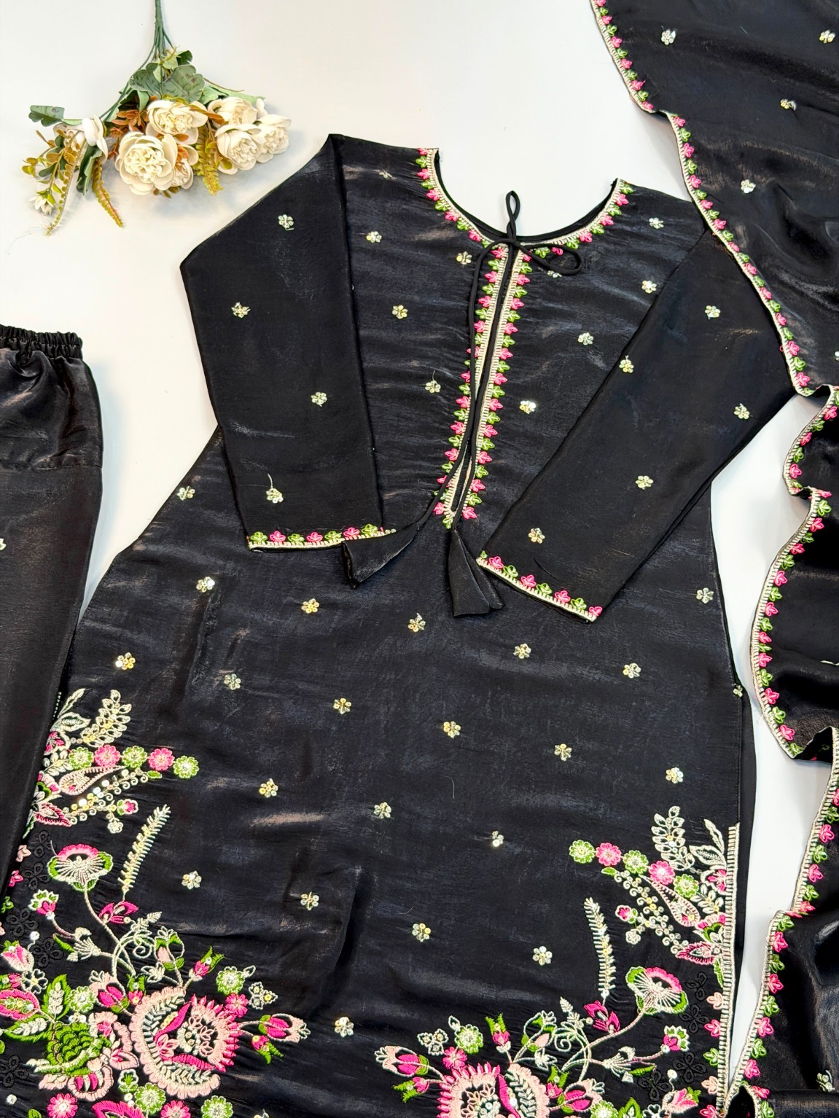 Presenting New Black Satin Glass Salwar Kameez With Dupatta For Party Wear