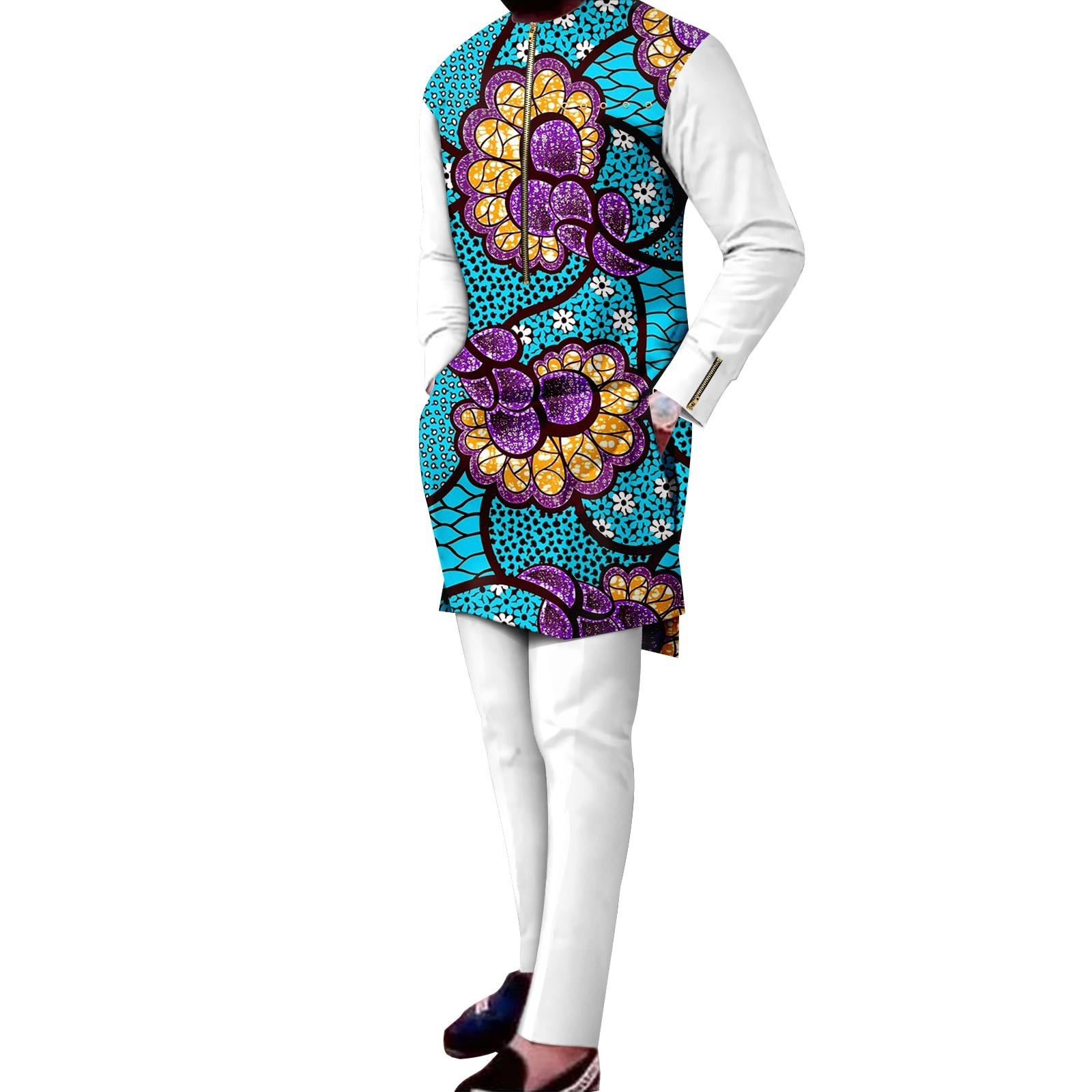 Bazin Riche African Traditional Clothing for Men Print Shirts and Pants 2 Piece