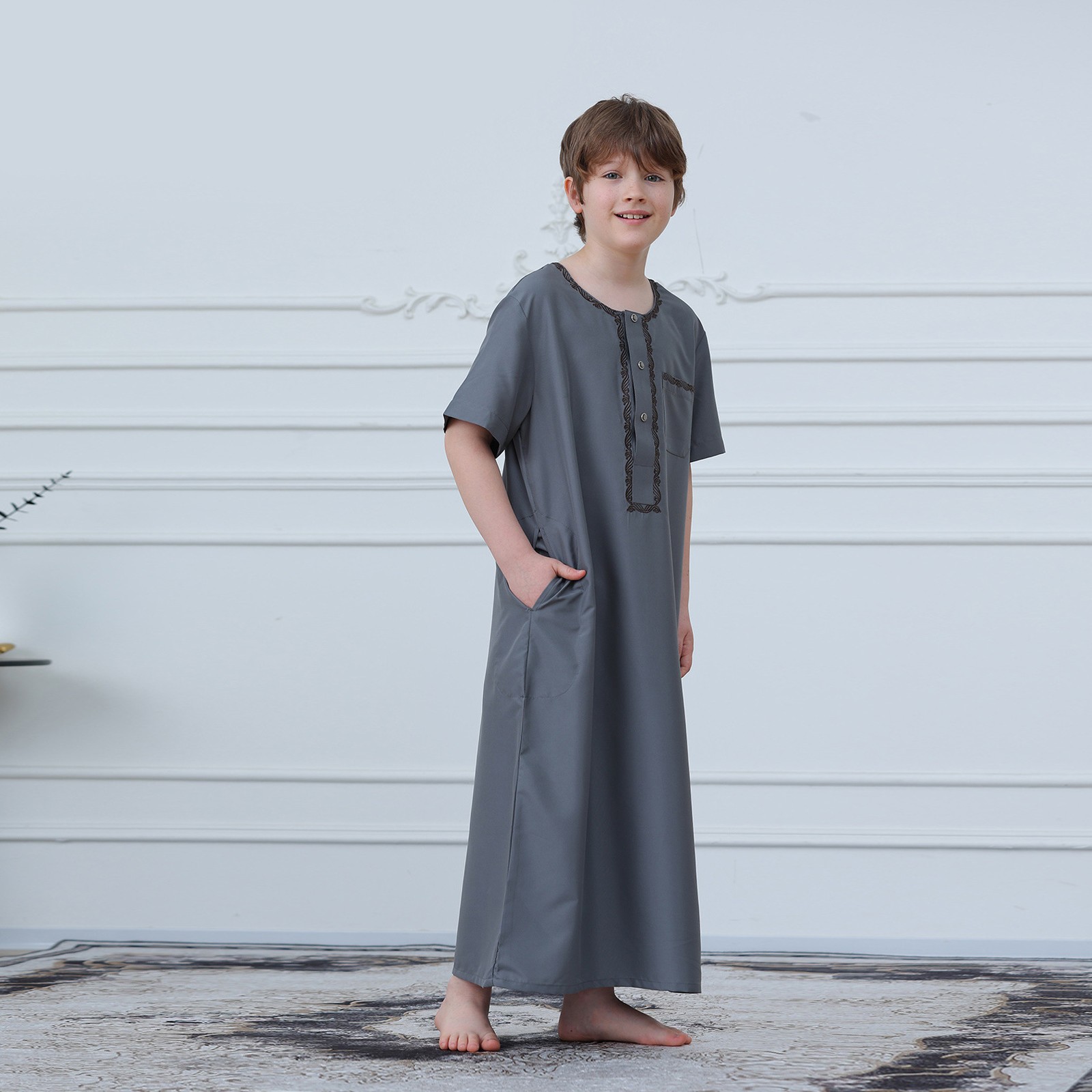 Saudi Arab Boys Thobe Jubba Long Sleeve Abaya Coat Simple Button Daily Wear Eid