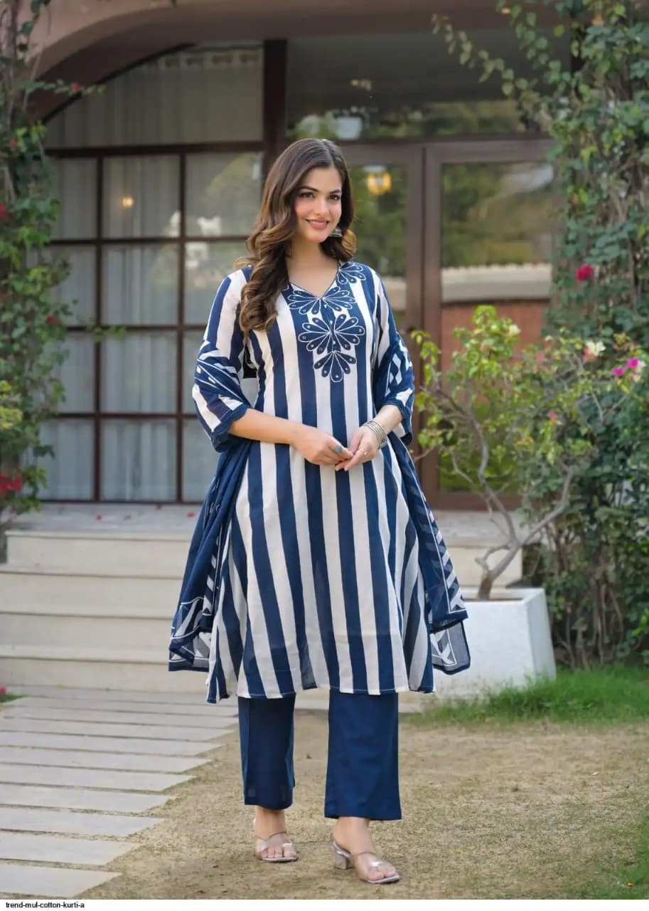 Women’s Striped Cotton Kurta Set with Dupatta | Indian Ethnic Palazzo Suit