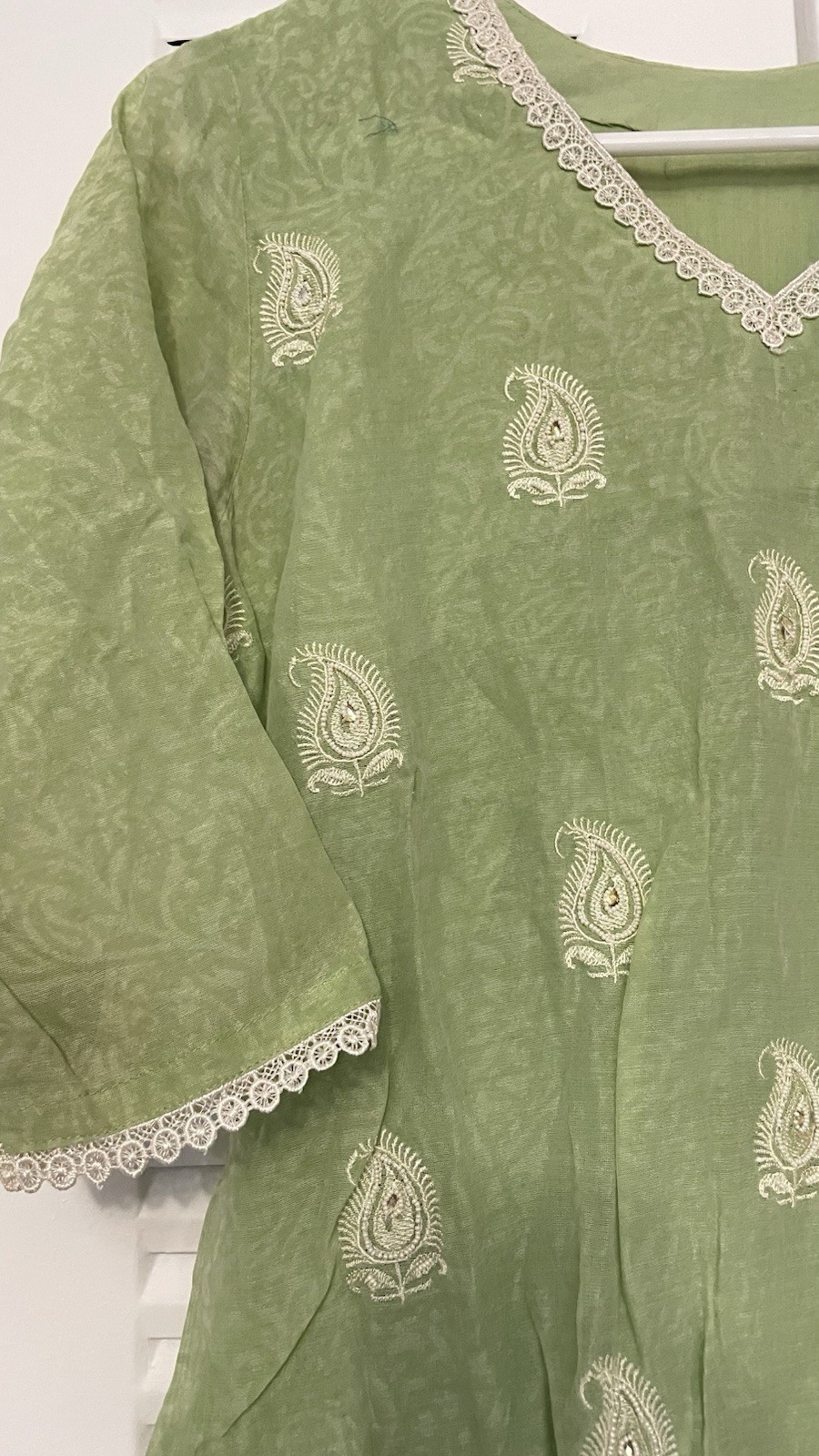 Elegant Sage Green Kurta With White Pearl Motif