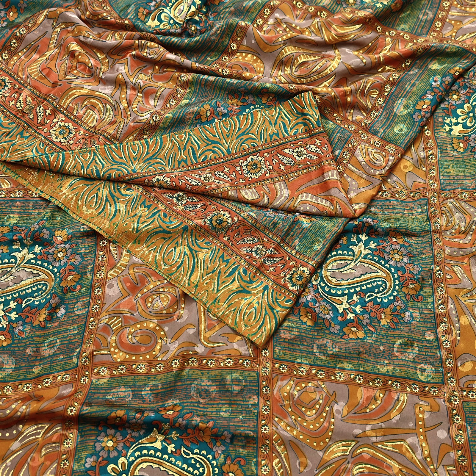 Indian Vintage Sari Moss Crepe Printed/Painted Saree Floral 5 Yards Soft Fabric