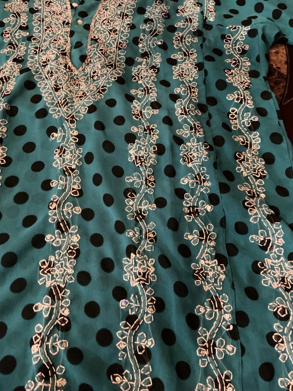Polyester Chiffon Sequined Blue Indian Kurta Kurti Top, 46” Bust, 28” Long, New
