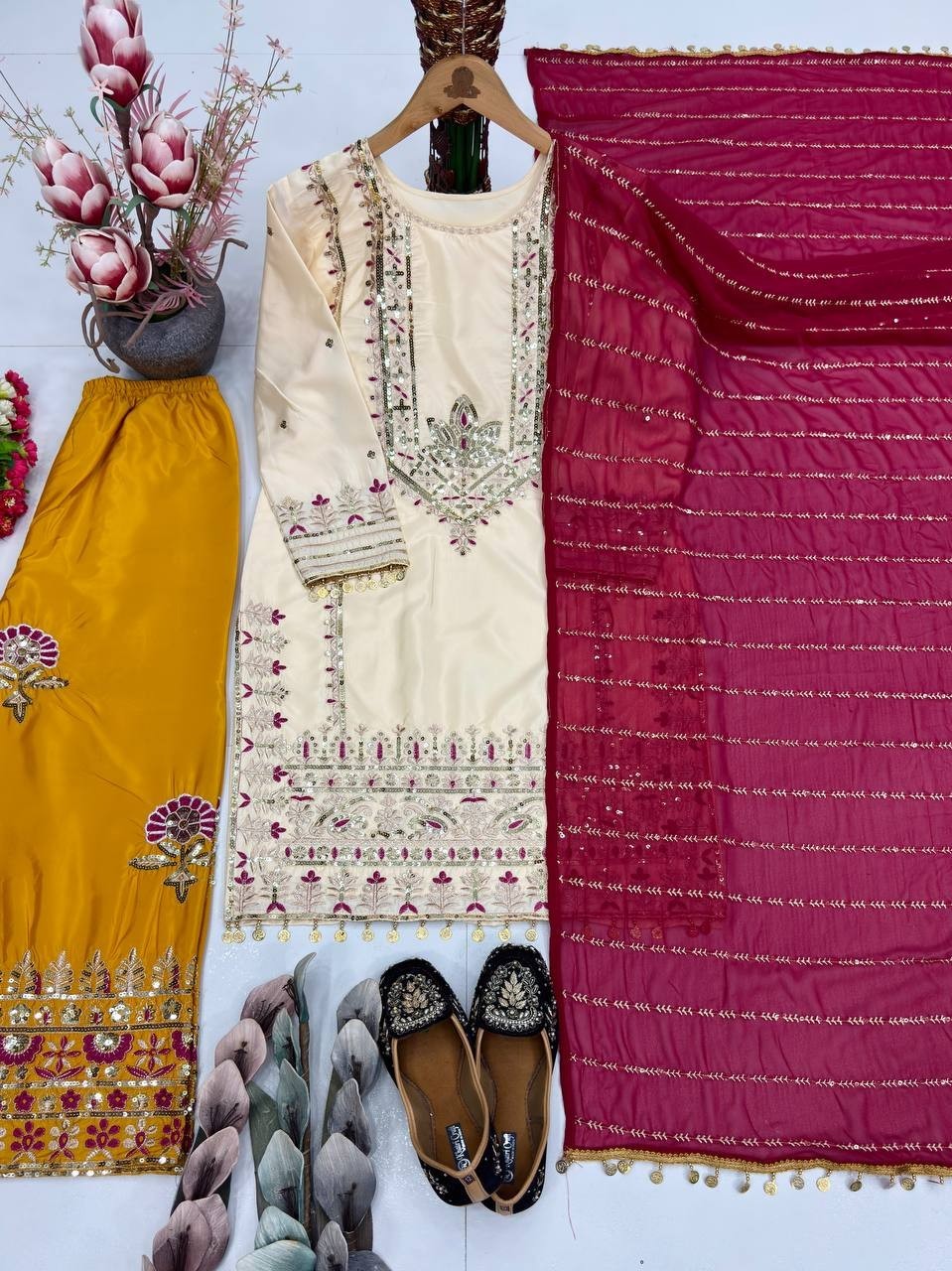 Beautiful Designer Silk Kurta Palazzo With Faux Georgette Dupatta For Women