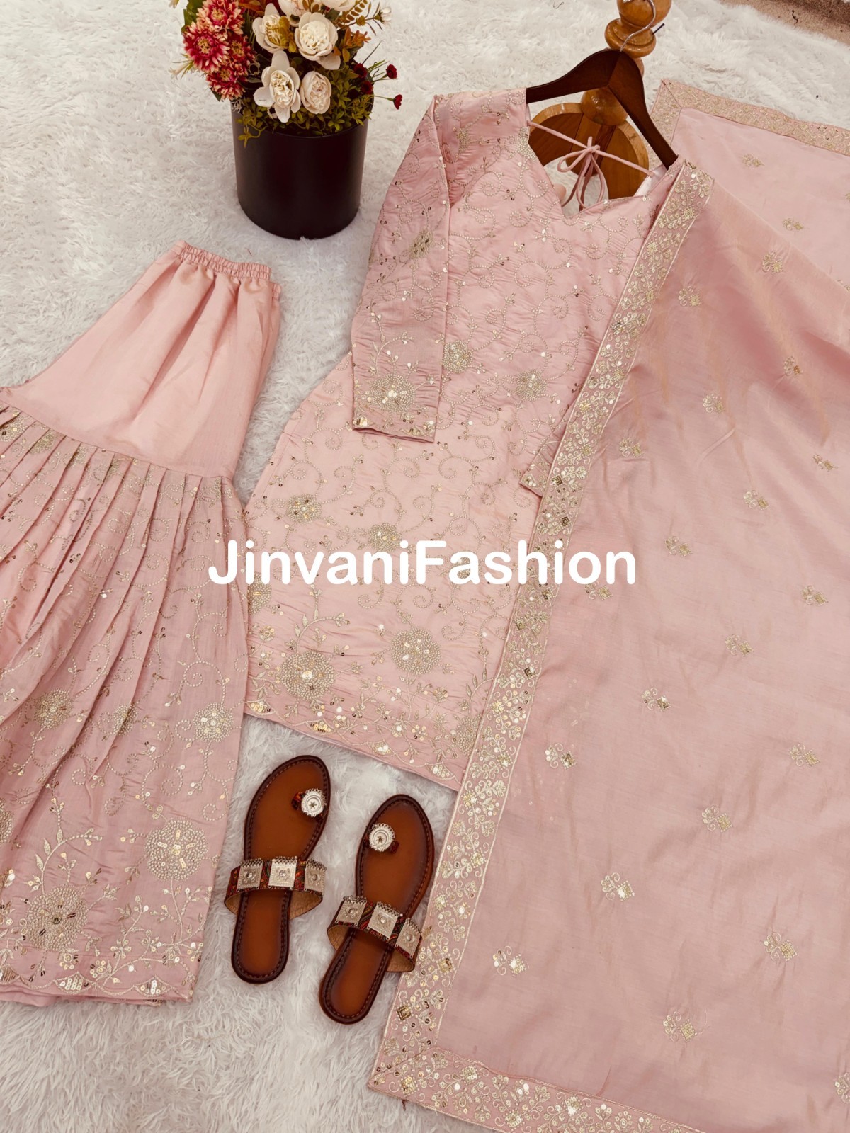 Blush Pink Embroidered Sharara Suit Set with Dupatta – Indian Wedding Party Wear
