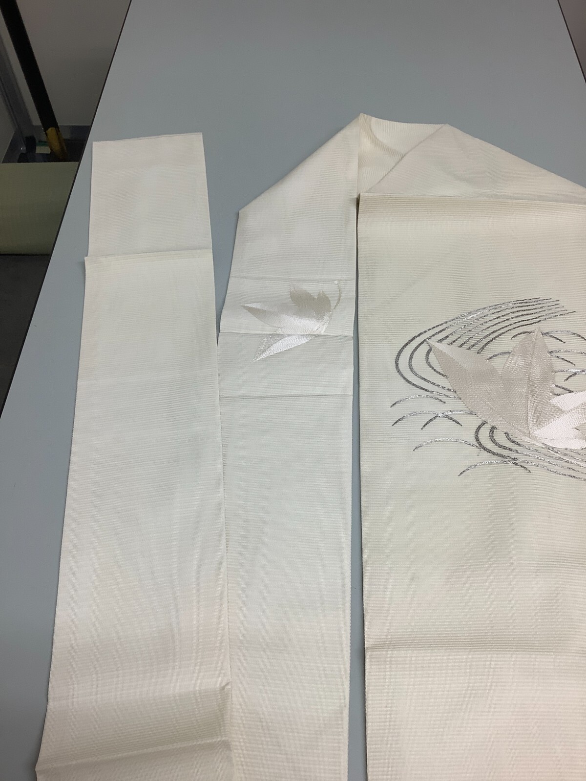 Japanese Vintage Kimono Nagoya Obi polyester White leaf tradition 143.3×12.2inch