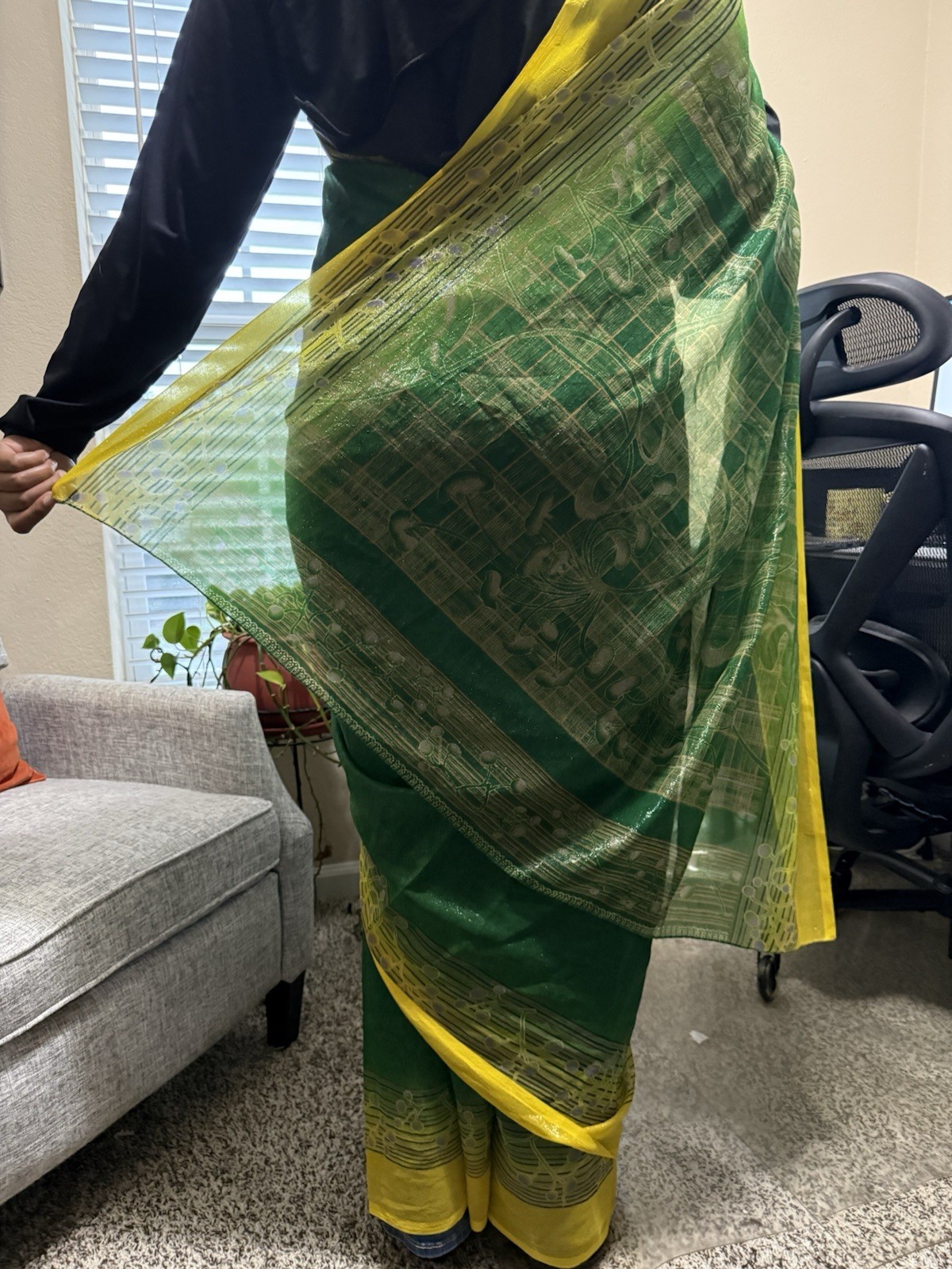 Green Yellow Silk Blend Saree Unstitched for Women