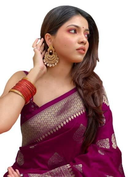 Women Beautiful Soft Lichi Silk Saree With Blouse Bridal Party Function Wear