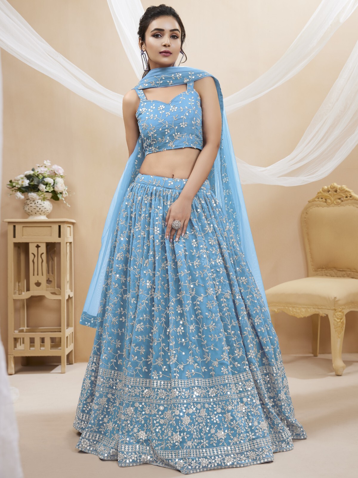 Sky Blue Georgette Lehenga Choli With Net Dupatta For Engagement & Wedding Wear