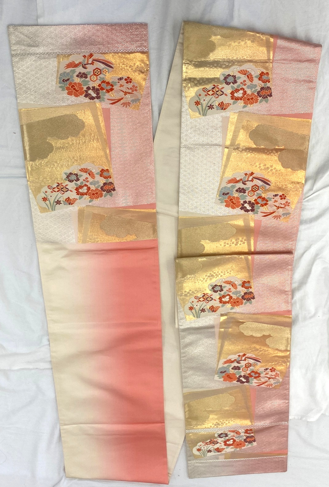 Japanese Vintage Kimono Fukuro Obi Silk Pink Traditional Embroidery 168 x11 in