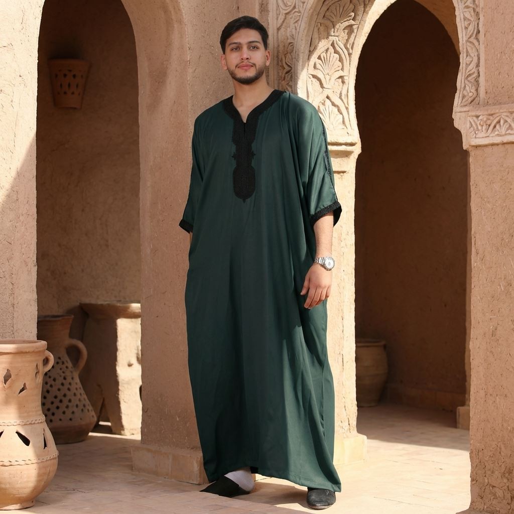 Men’s Green Moroccan Thobe Half Sleeve Black Kaftan Eid Ramadan