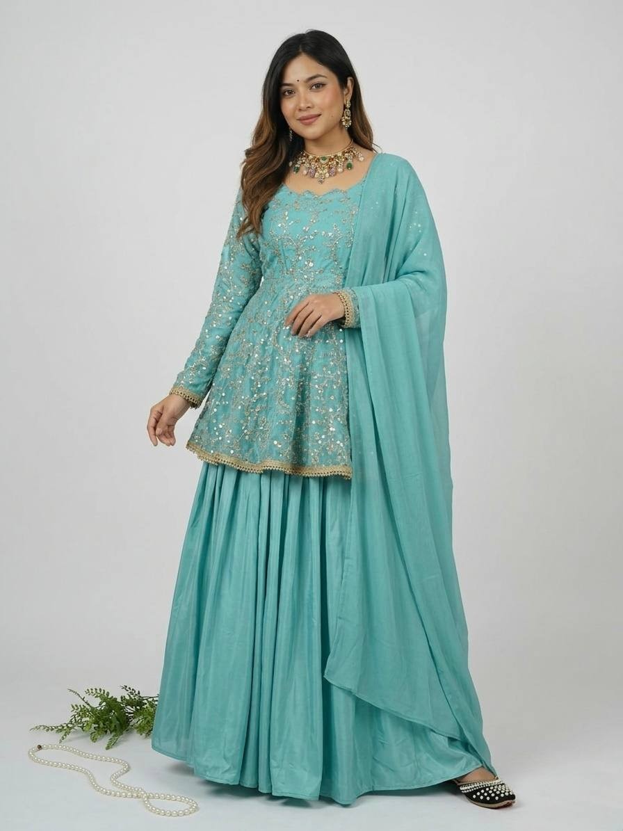Stylish Look Heavy Silk Teal Green Top Lehenga With Dupatta For Function Wear