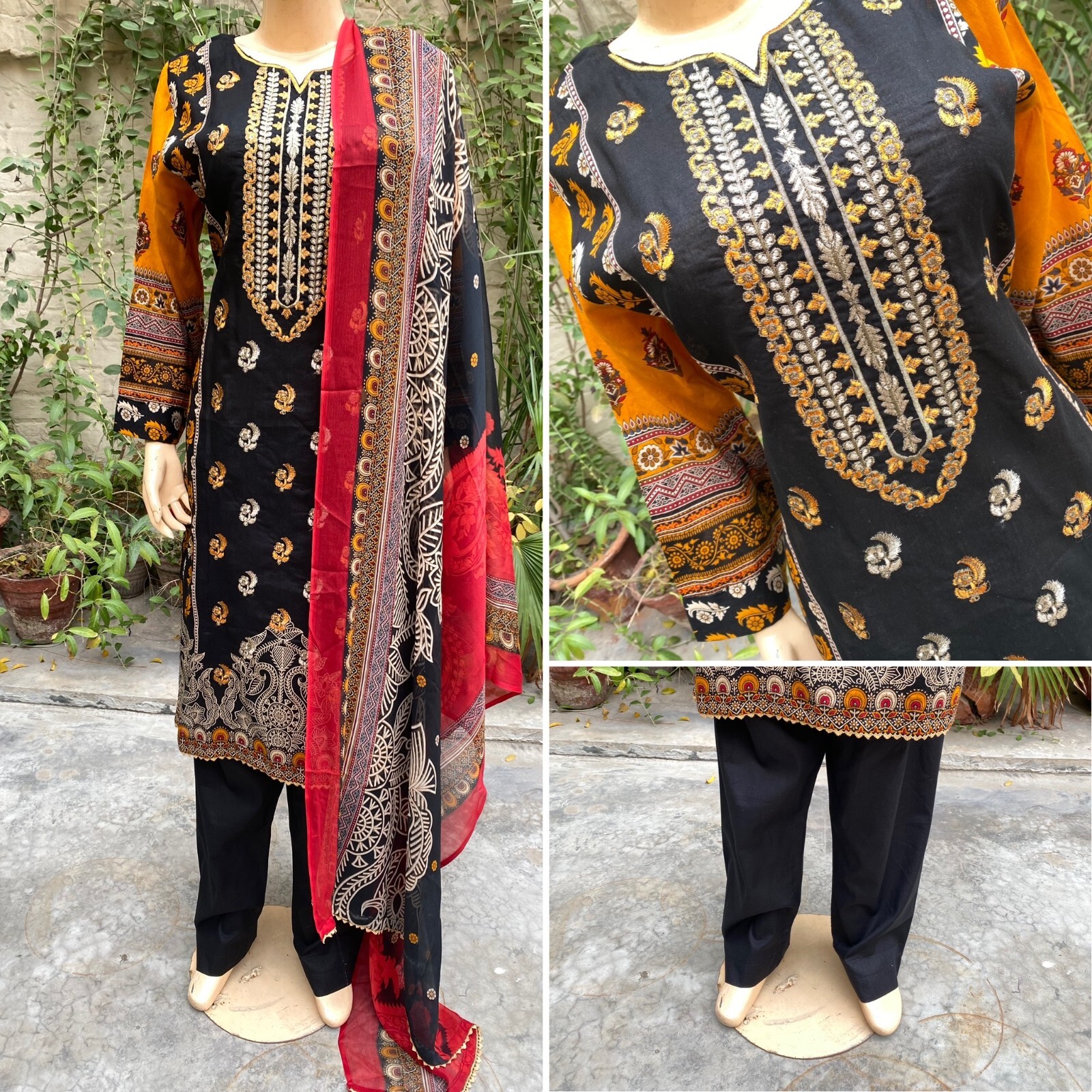 Pakistani Black Printed Straight Shirt 3-PCS Lawn Suit / Threadwork ,XL#1