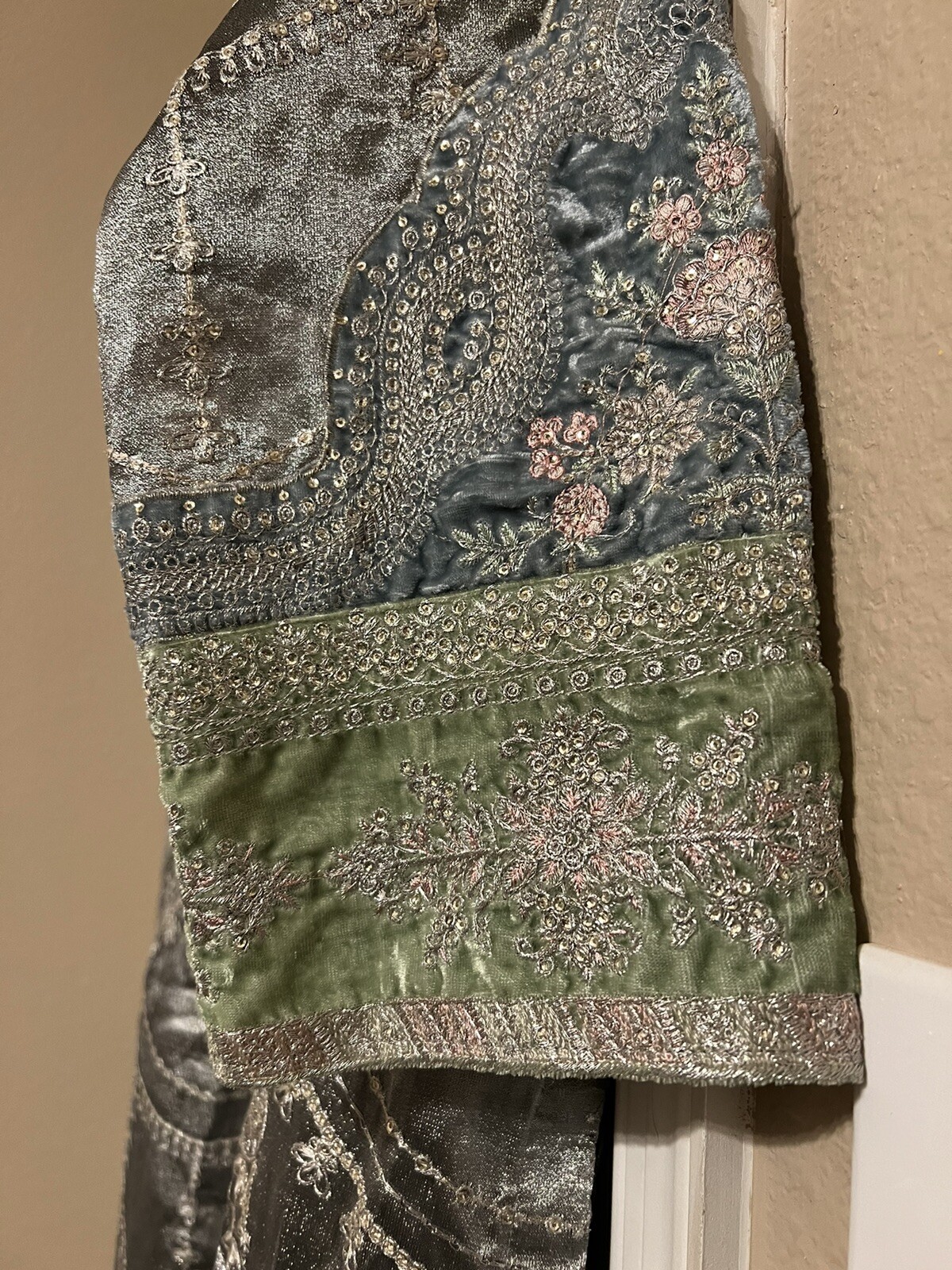 Grey/Silver/Green On Velvet Pakistani Fancy Gharara Dress