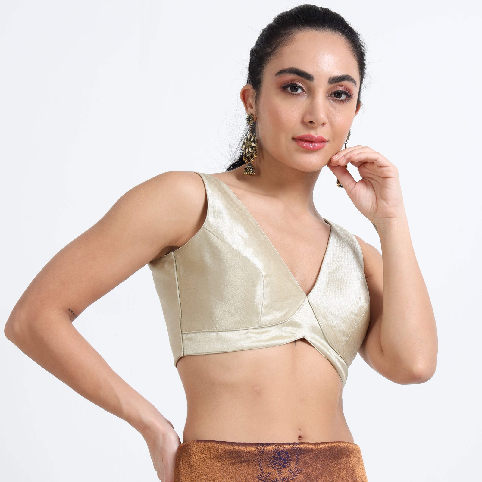 Champagne Gold Shimmer Solid V-Neck Blouse with Sculpted Design and Back Hook Cl