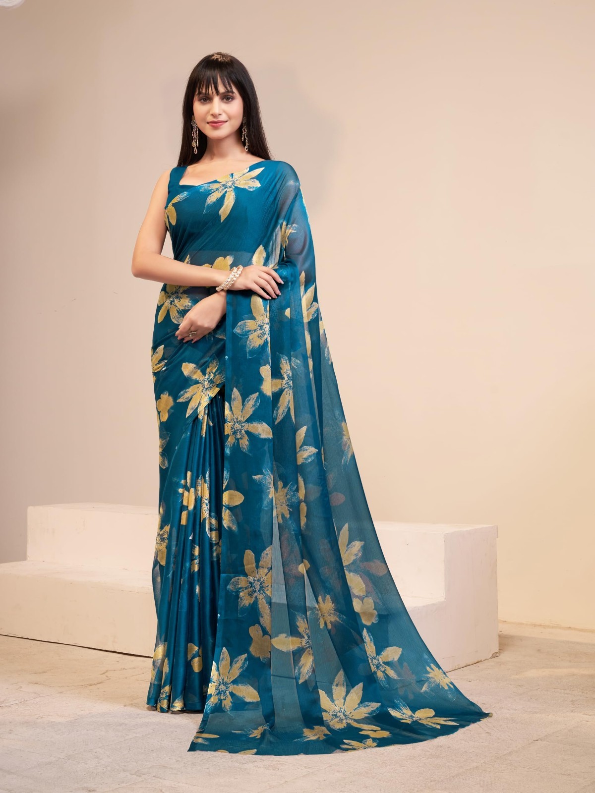 Women’s Floral Print Chiffon Saree Indian Bollywood Designer Festive Party Wear