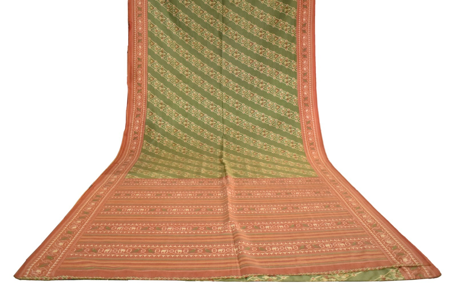 FNC Vintage Green Sambalpuri Ikat Sarees Handwoven Art Silk Sari Fabric Antique