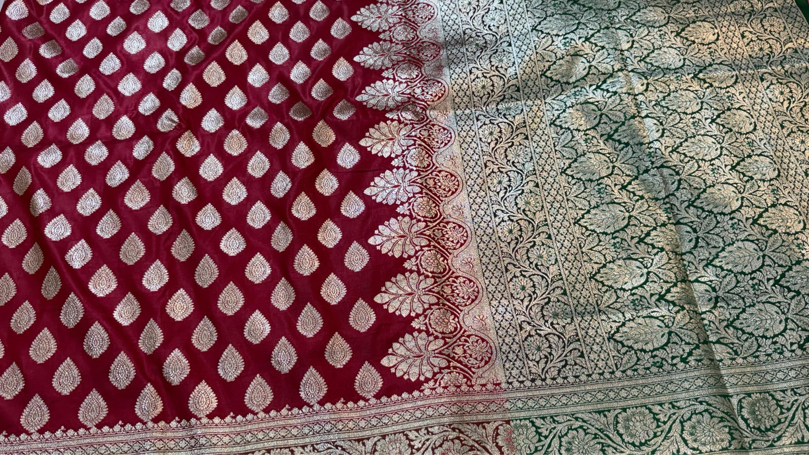 Red Banarasi Silk Saree, Gold Zari Floral Border, Katan Silk, Indian Bridal Wear